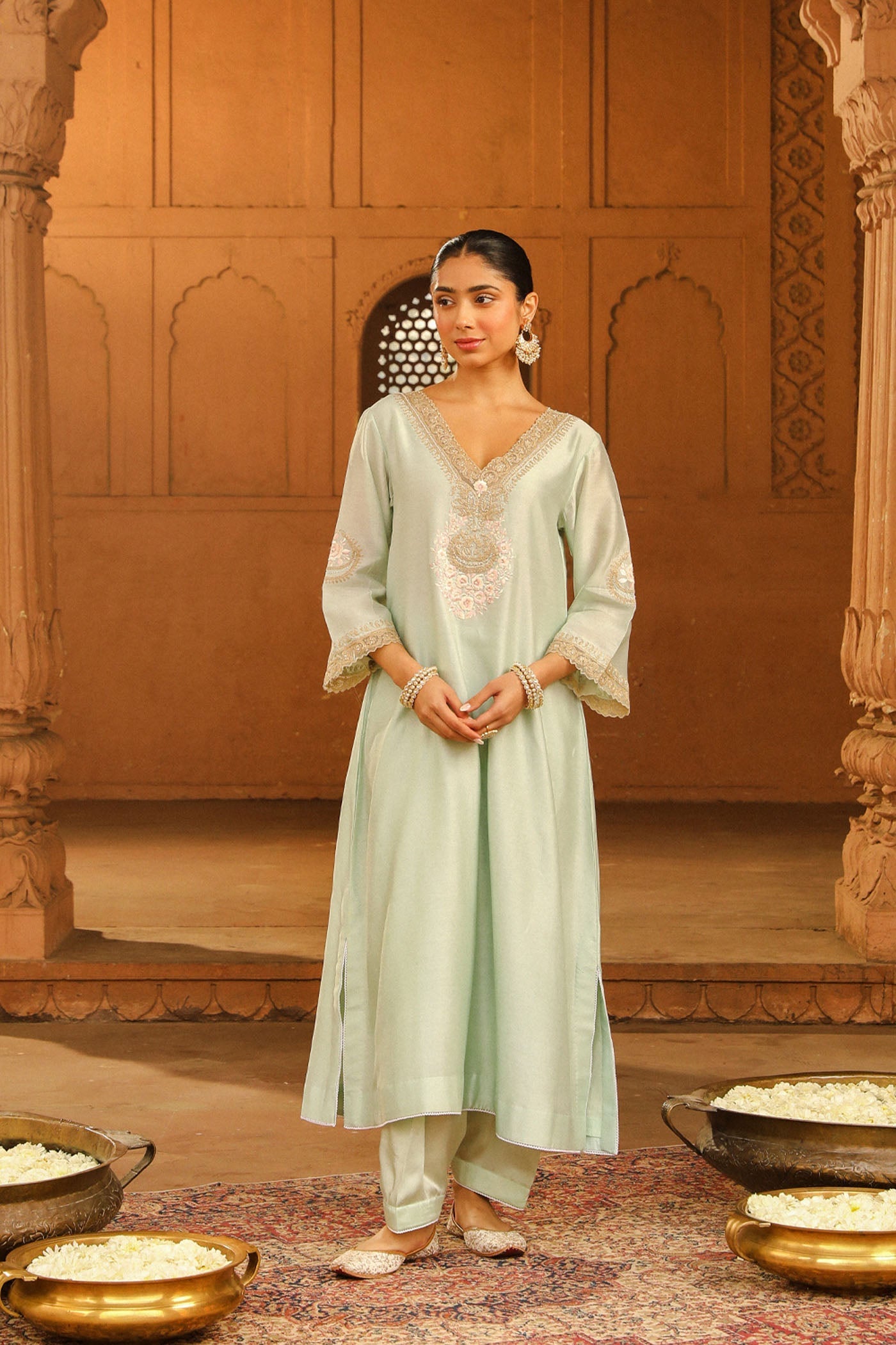 Sanvi - Misty Green Long Choga With Salwar