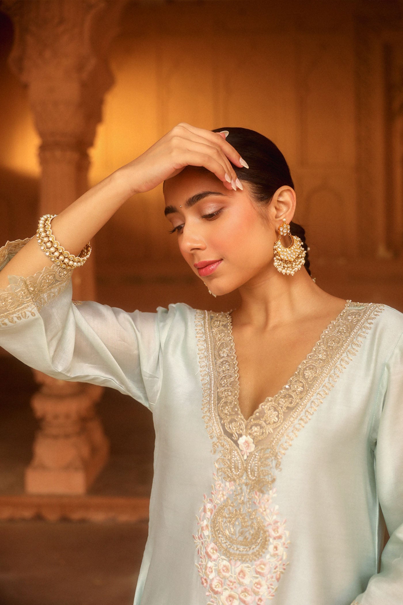 Sanvi - Misty Green Long Choga With Salwar