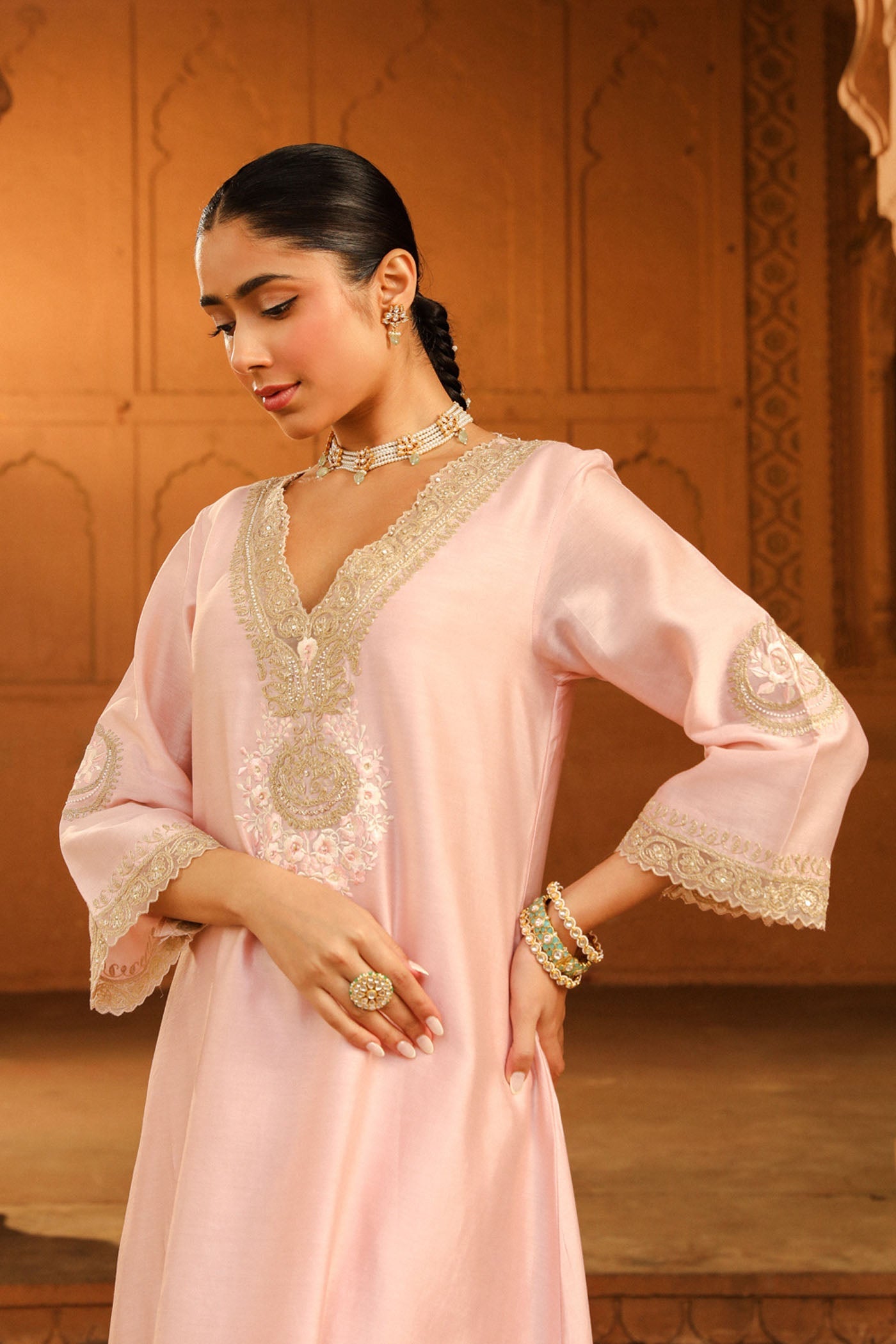 Sanvi - Blush Pink Long Choga With Salwar