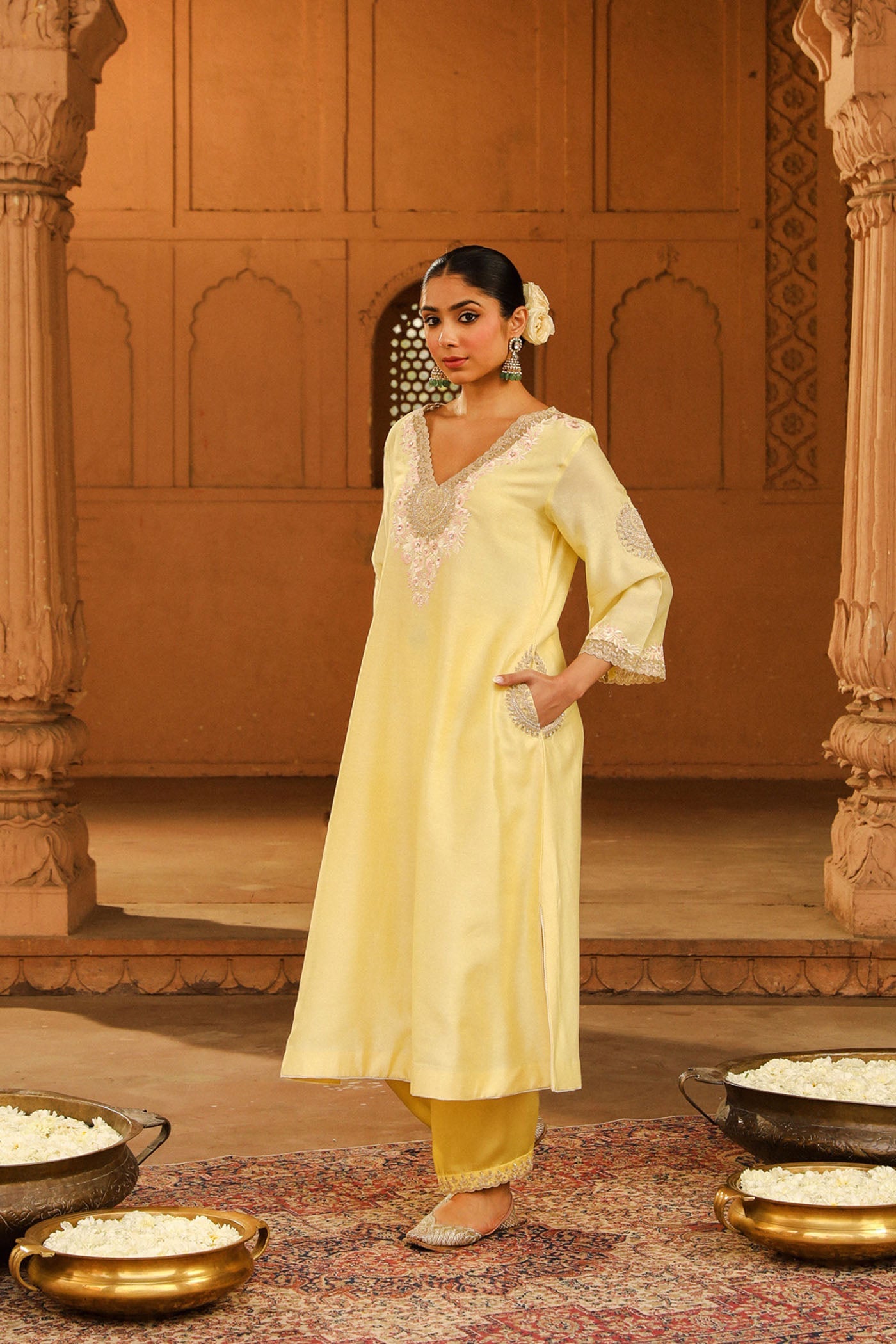 Akira - Lemon Yellow Long Choga With Salwar