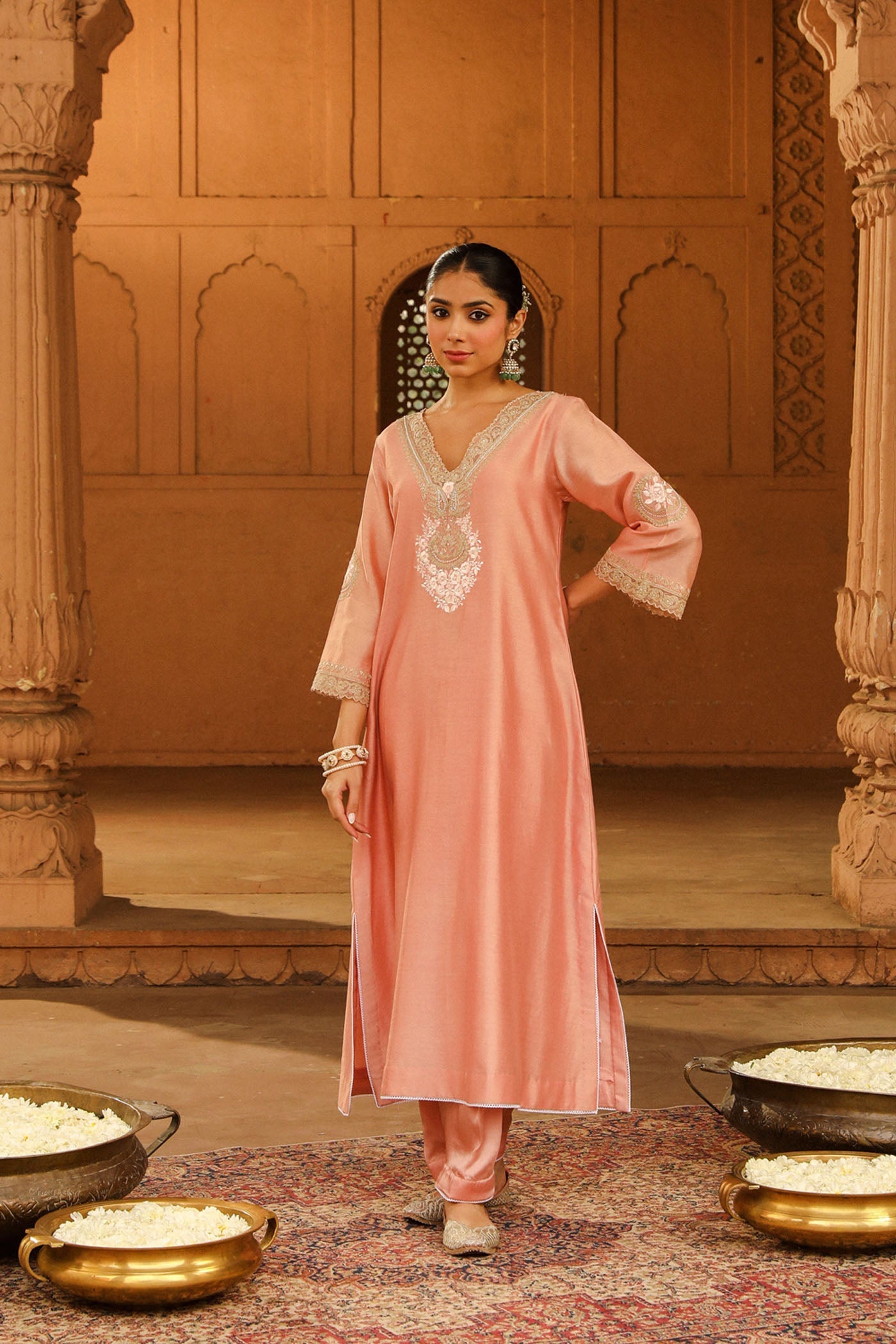 Sanvi - Off Rose Long Choga With Salwar