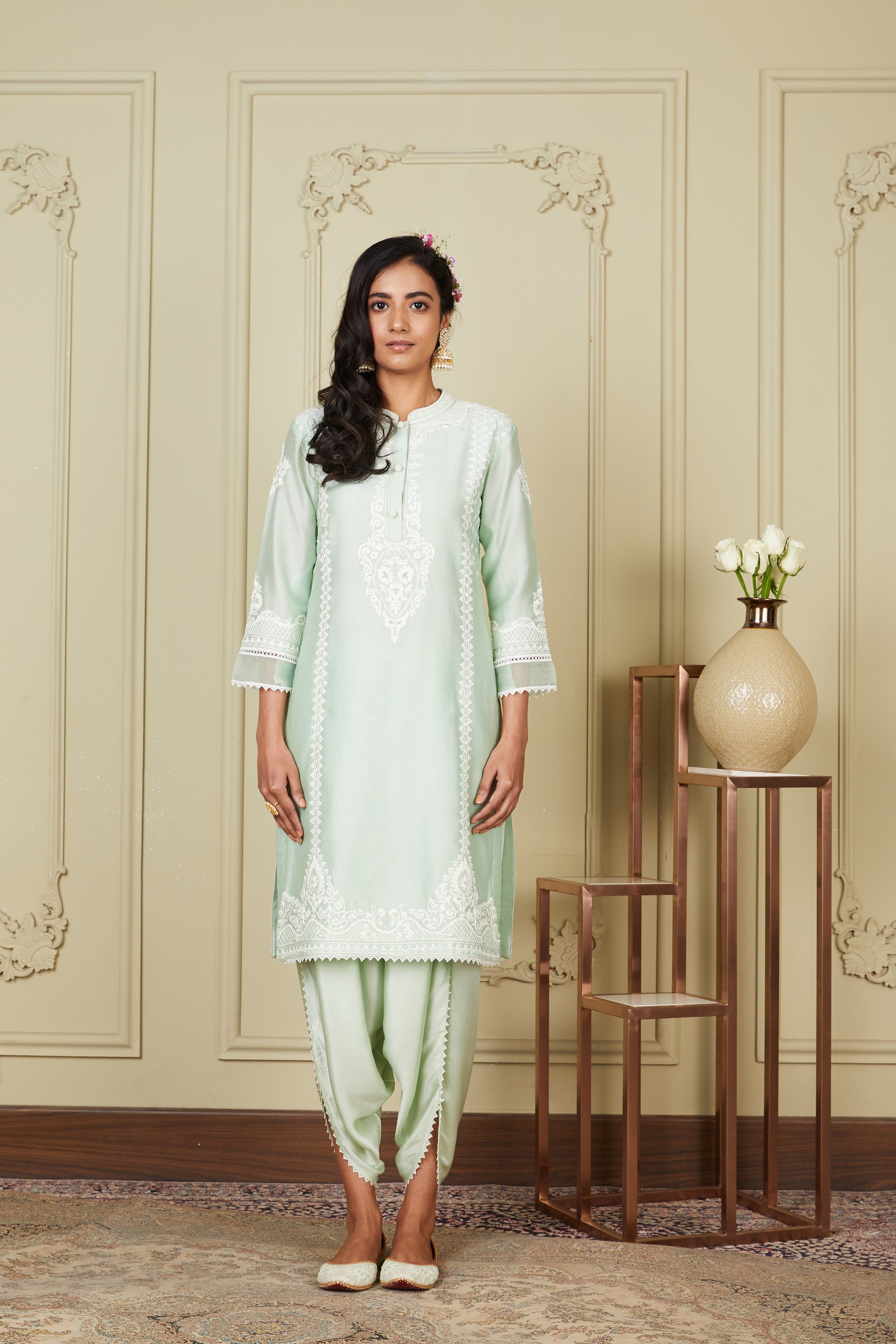 Ayanna - Frosty Green Short Kurta With Dhoti