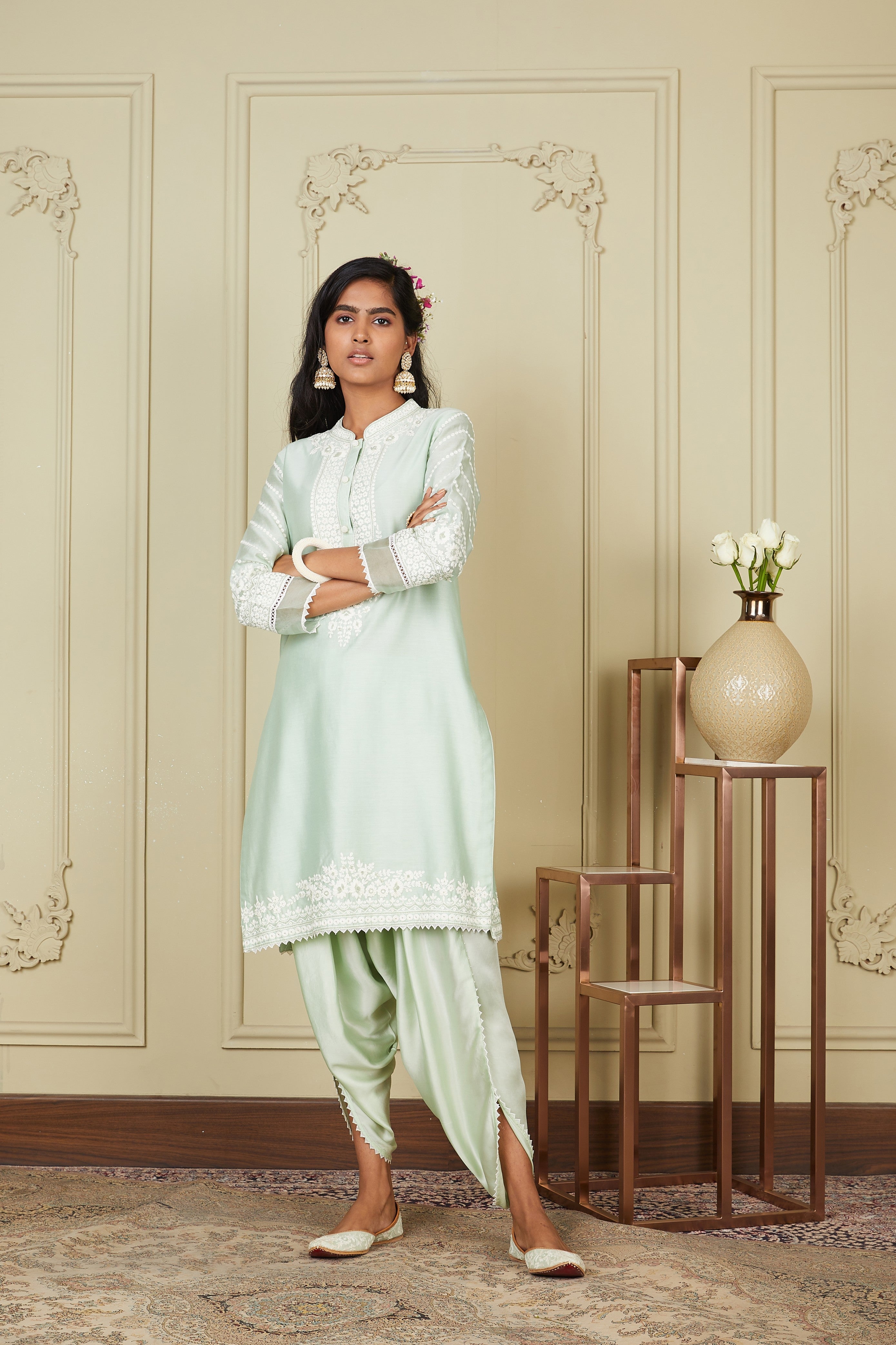 Nisha Aggarwal In Ayika - Frosty Green Short Kurta With Dhoti