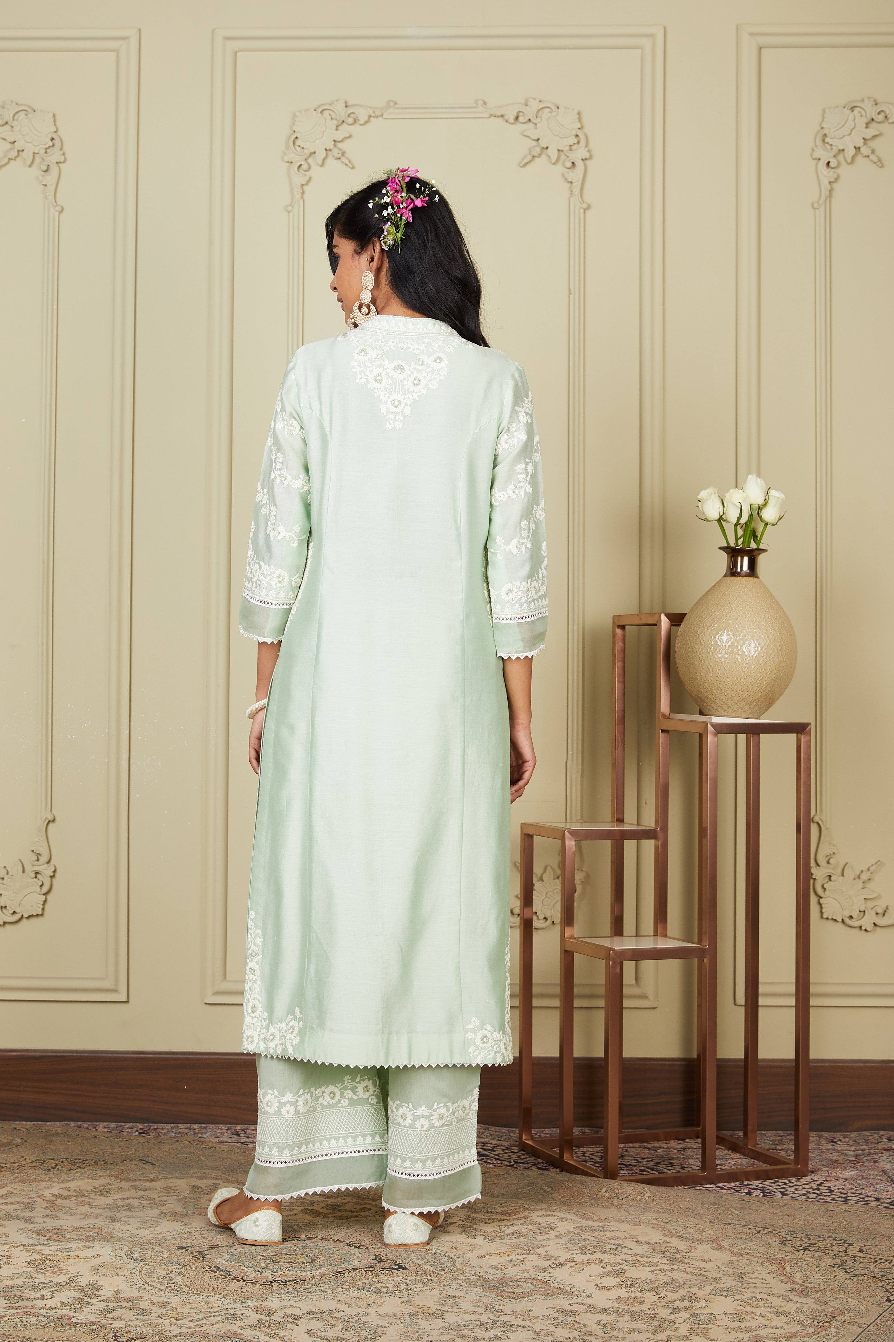 Banafsha - Frosty Green Long Kurta With Palazzo