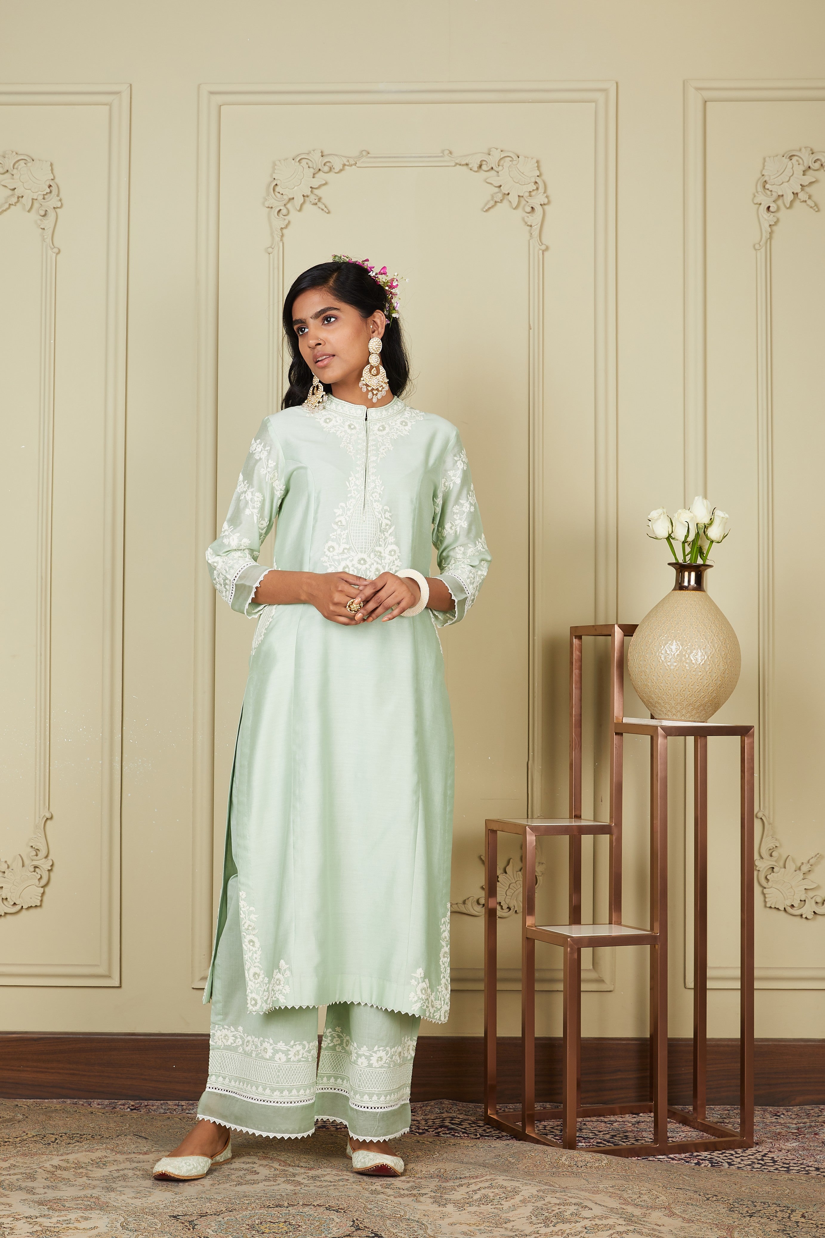Banafsha - Frosty Green Long Kurta With Palazzo