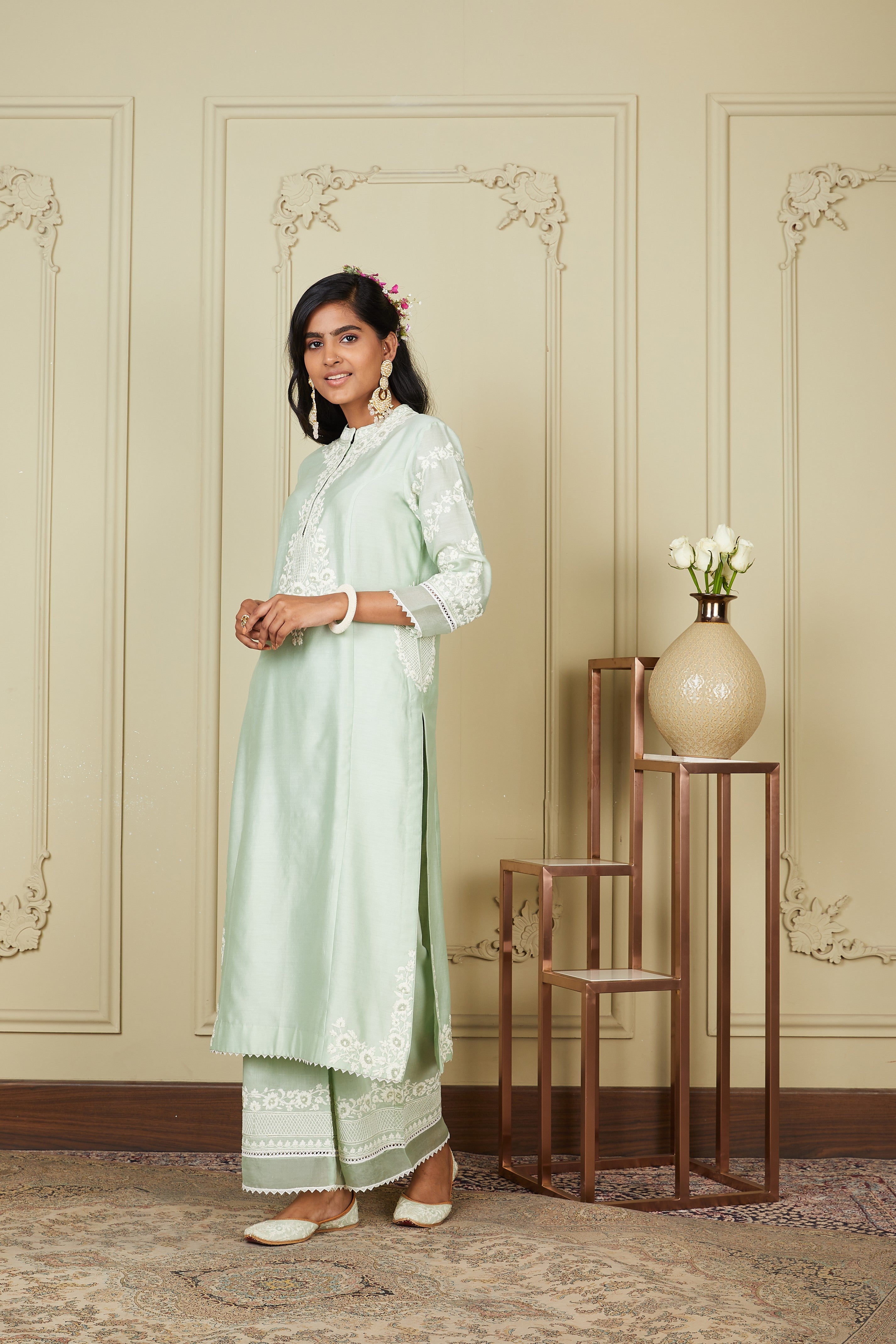 Banafsha - Frosty Green Long Kurta With Palazzo
