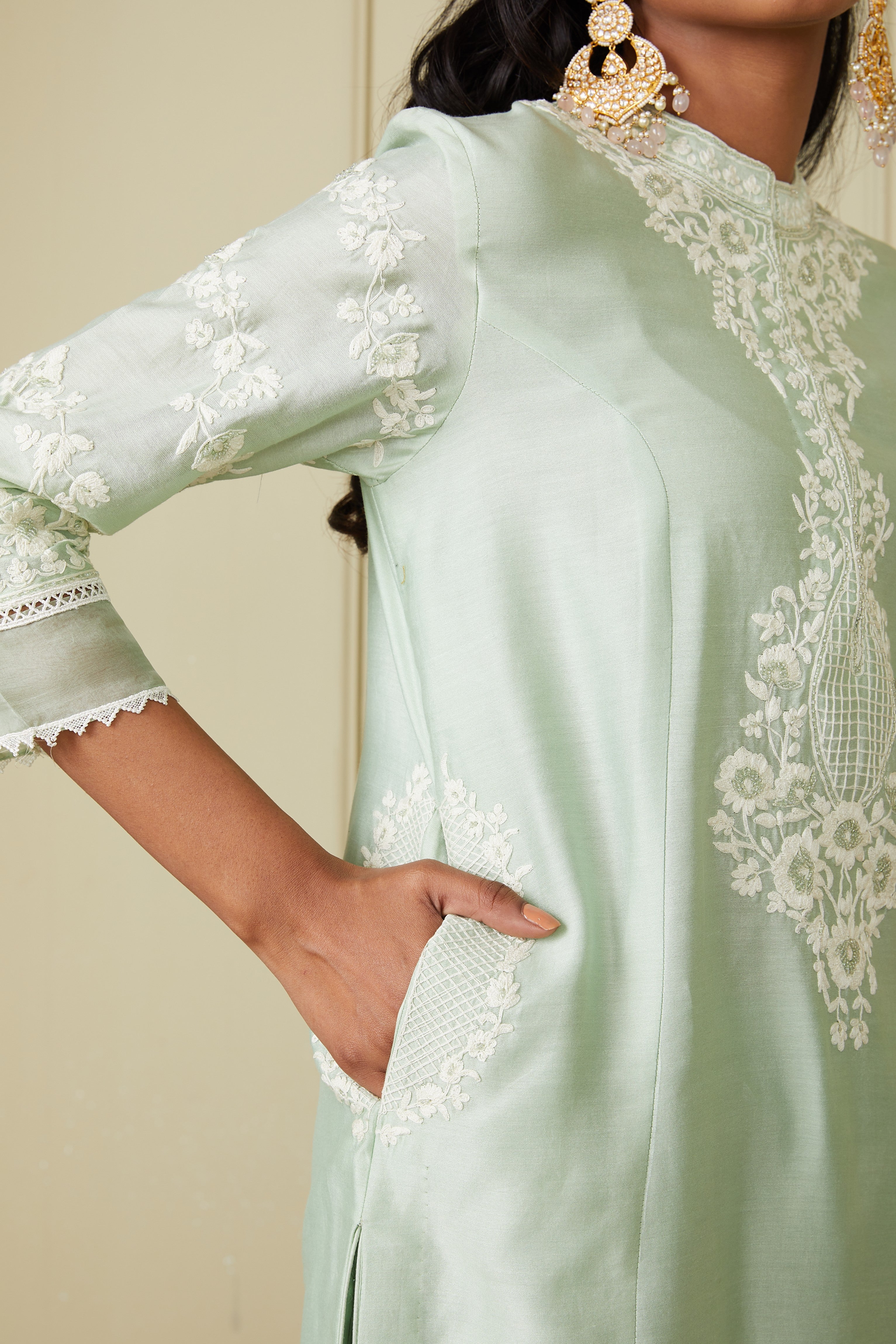 Banafsha - Frosty Green Long Kurta With Palazzo