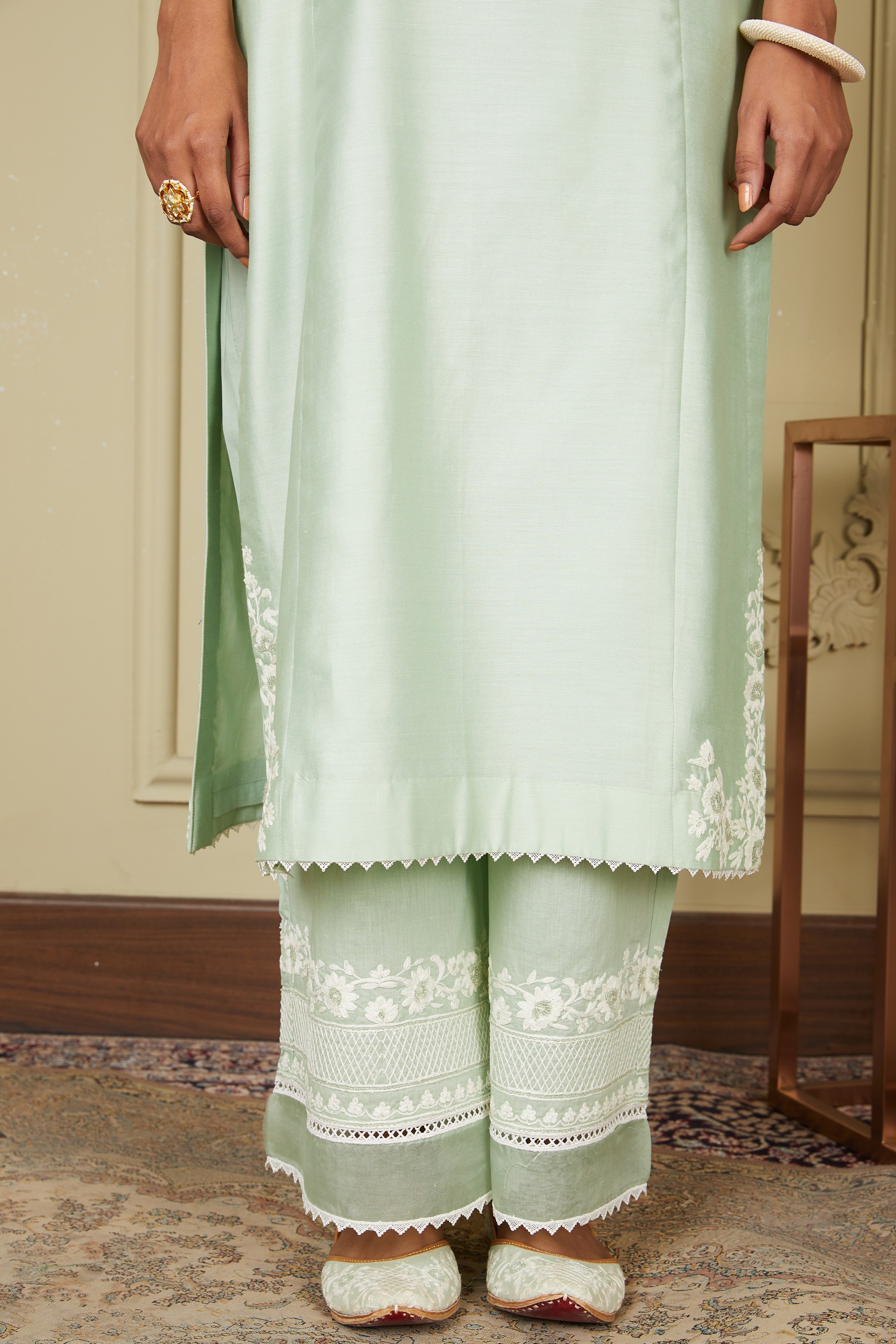 Banafsha - Frosty Green Long Kurta With Palazzo