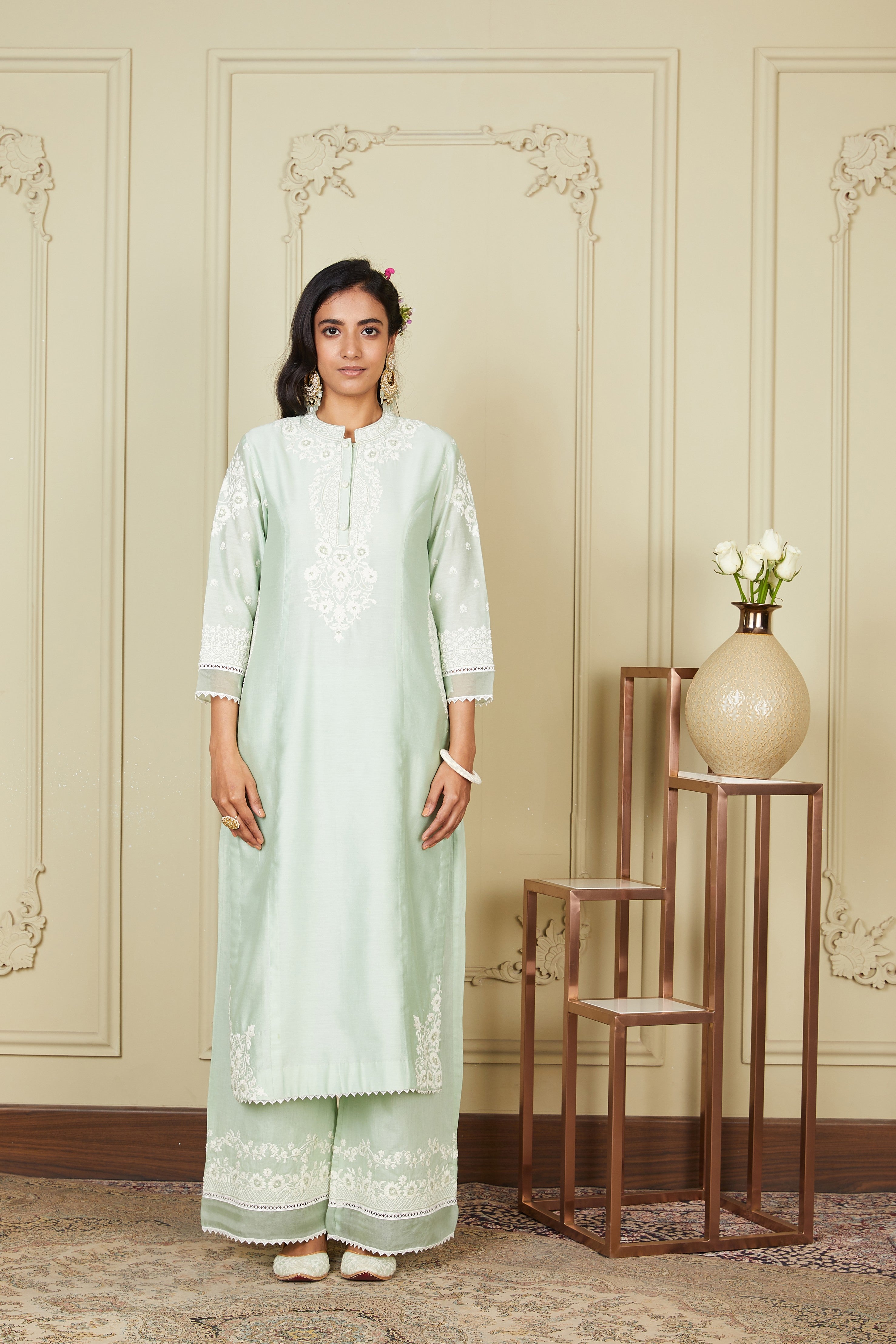Bahareh - Frosty Green Long Kurta With Palazzo