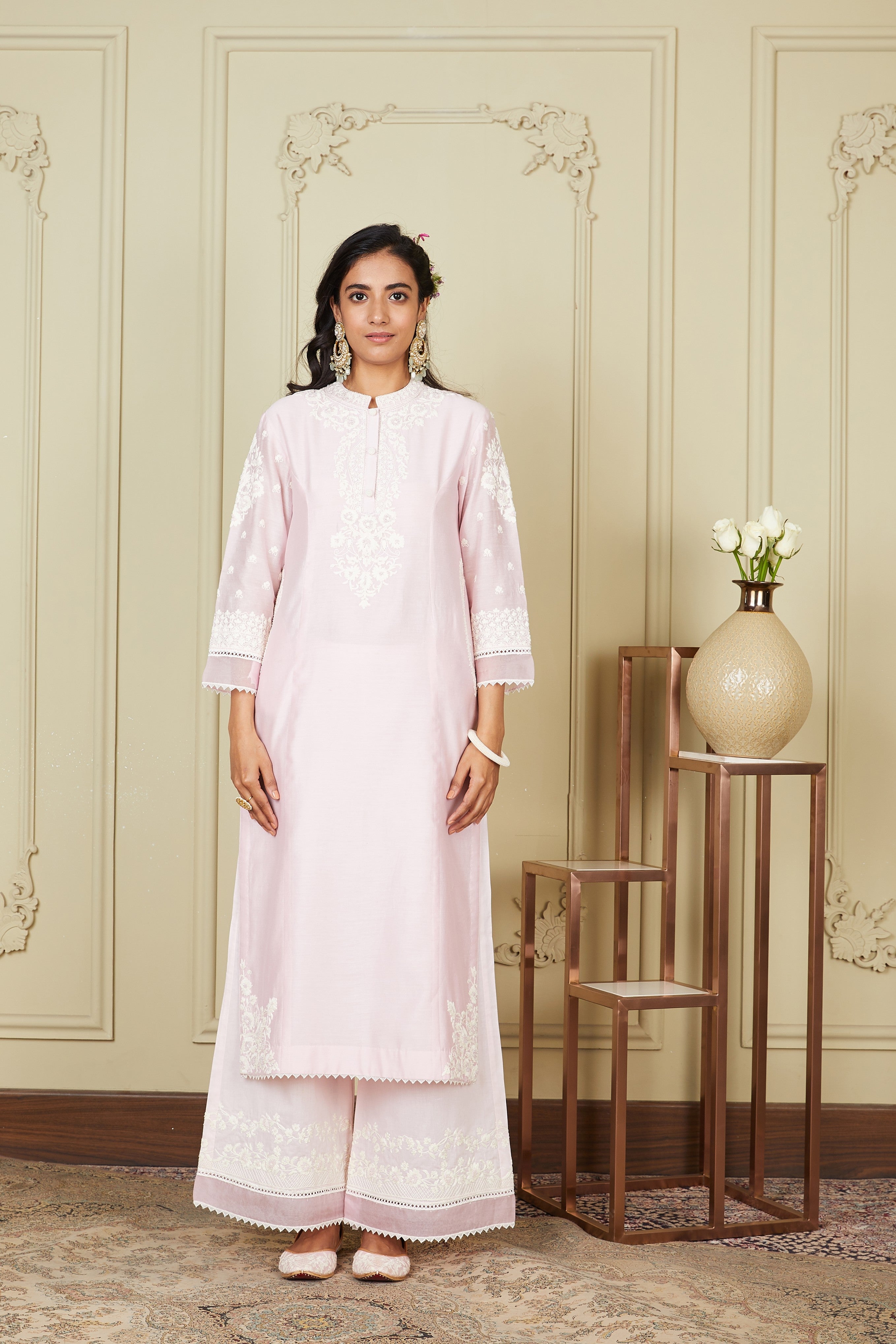 Bahareh - Pearl Blush Long Kurta With Palazzo