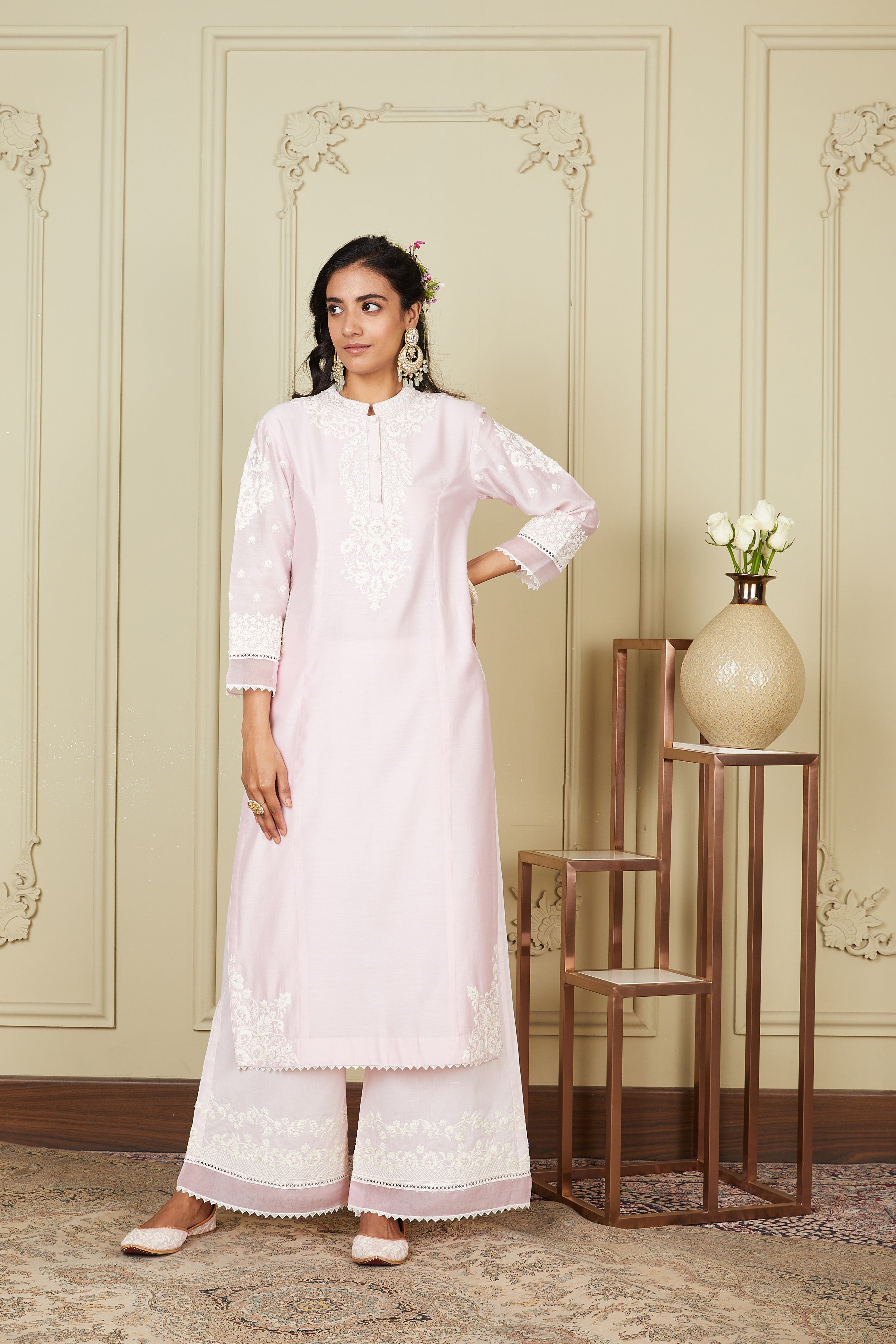 Bahareh - Pearl Blush Long Kurta With Palazzo