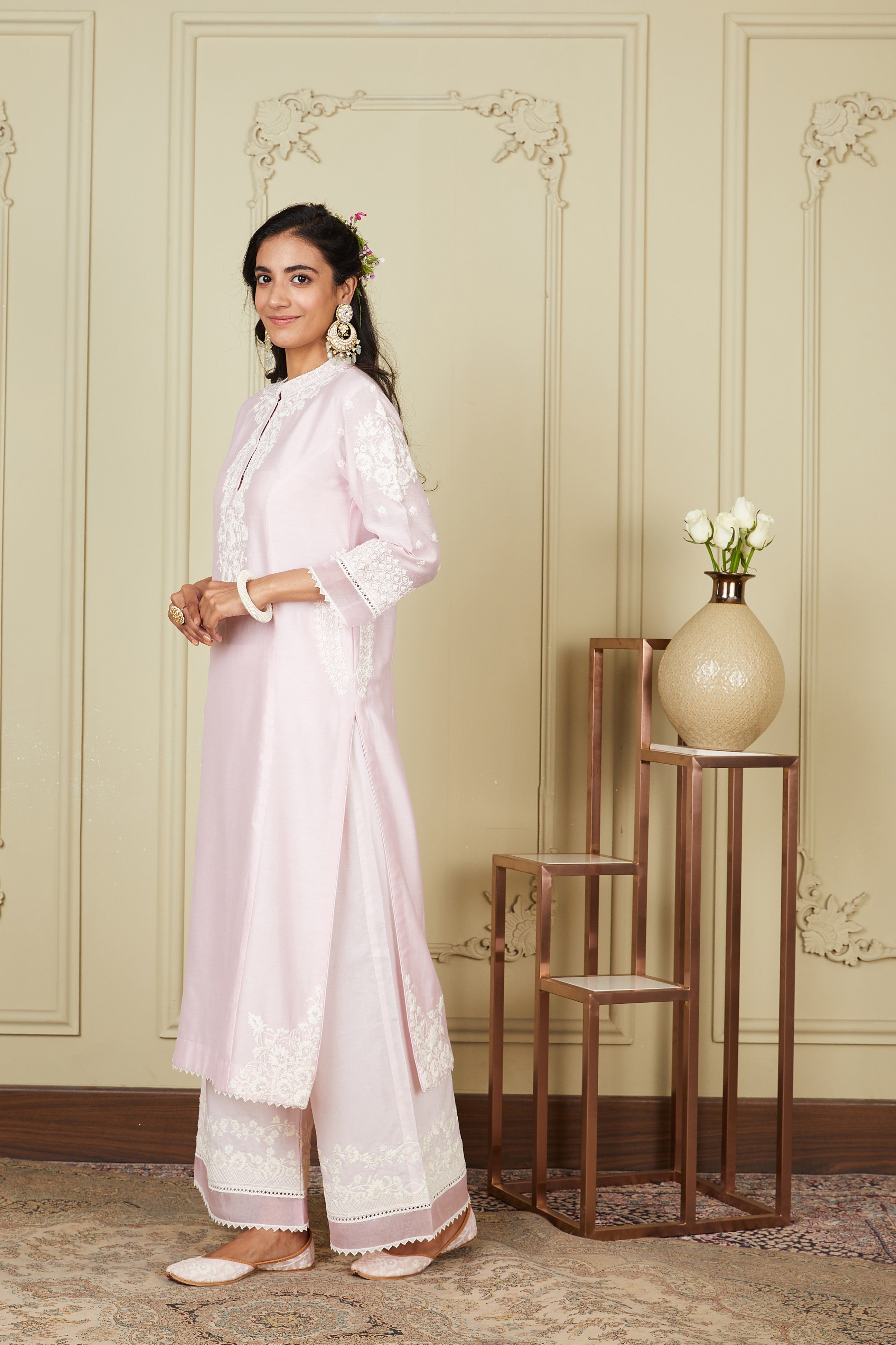 Bahareh - Pearl Blush Long Kurta With Palazzo
