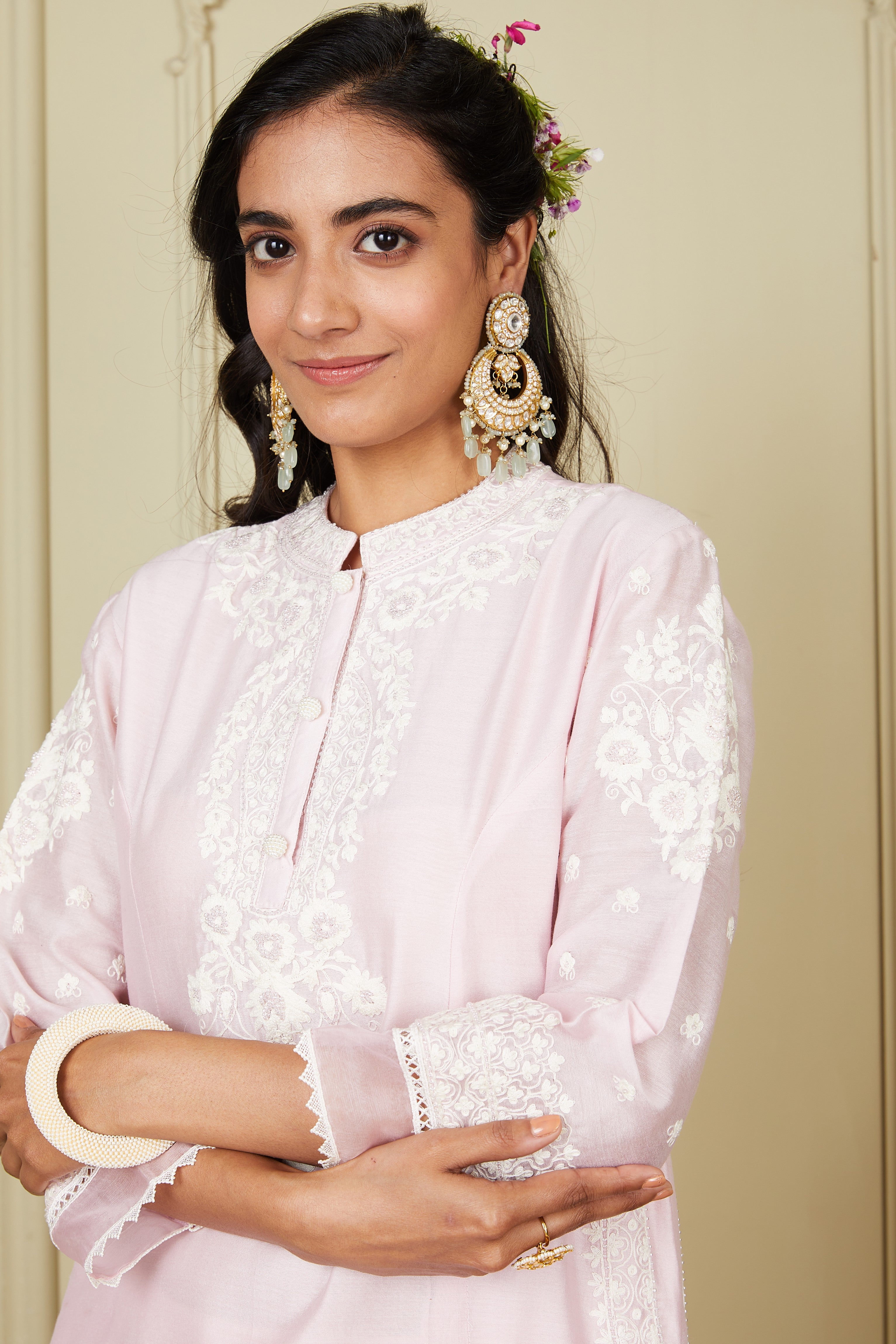 Bahareh - Pearl Blush Long Kurta With Palazzo