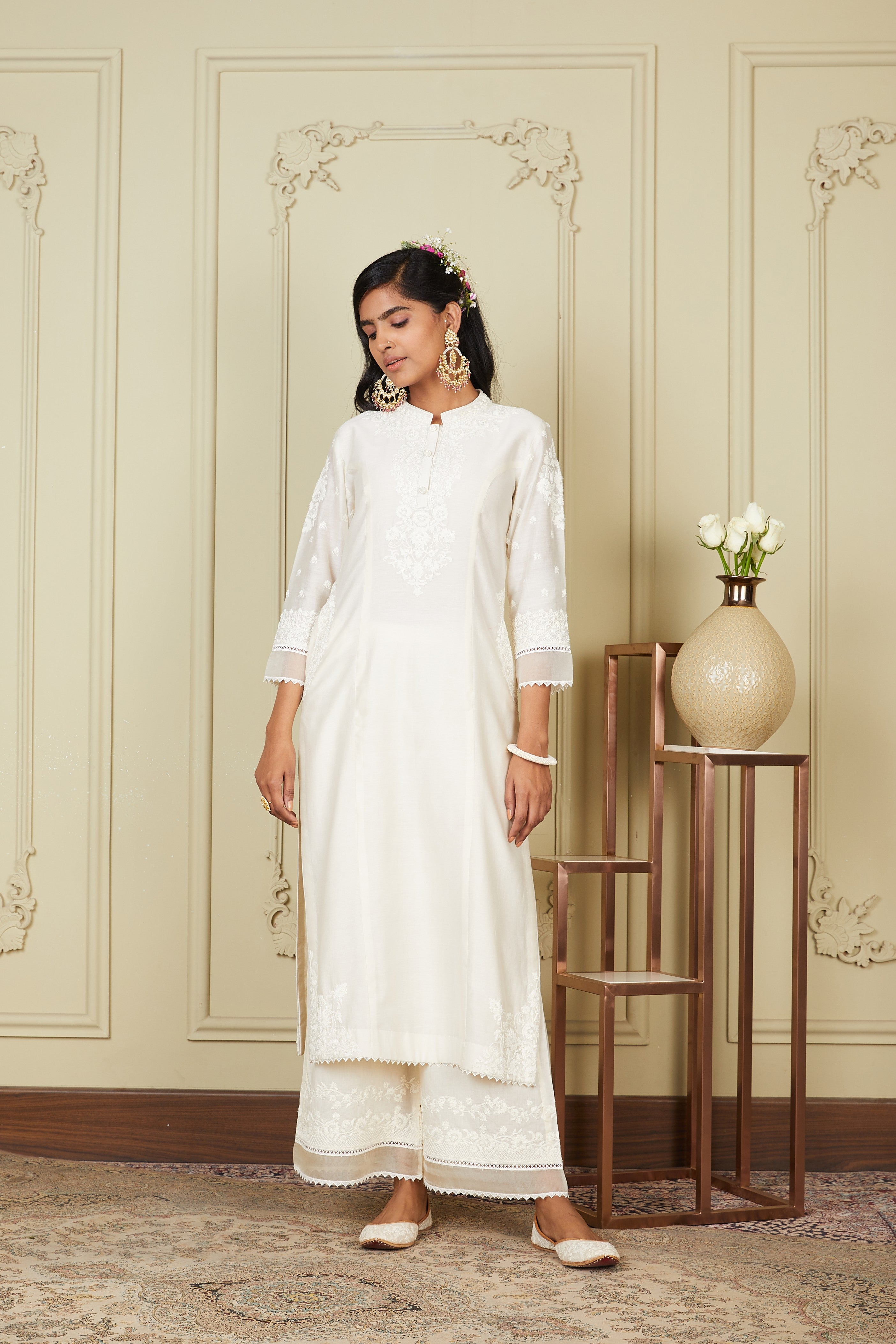Bahareh - Daisy Ivory Long Kurta With Palazzo