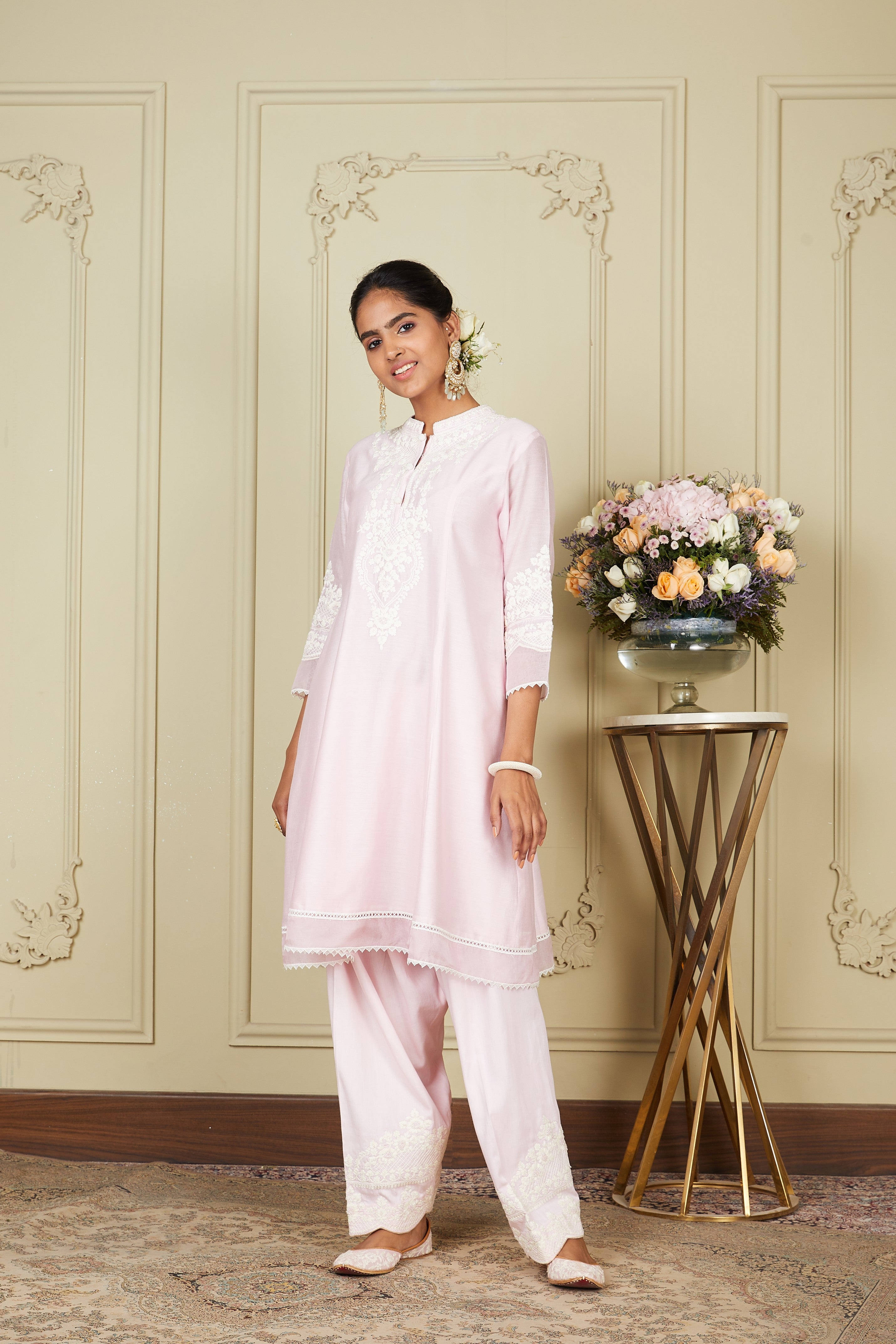 Kiara Advani V Neck Ruzena - Pearl Blush Princess-Cut Short Kurta With Salwar And Dupatta