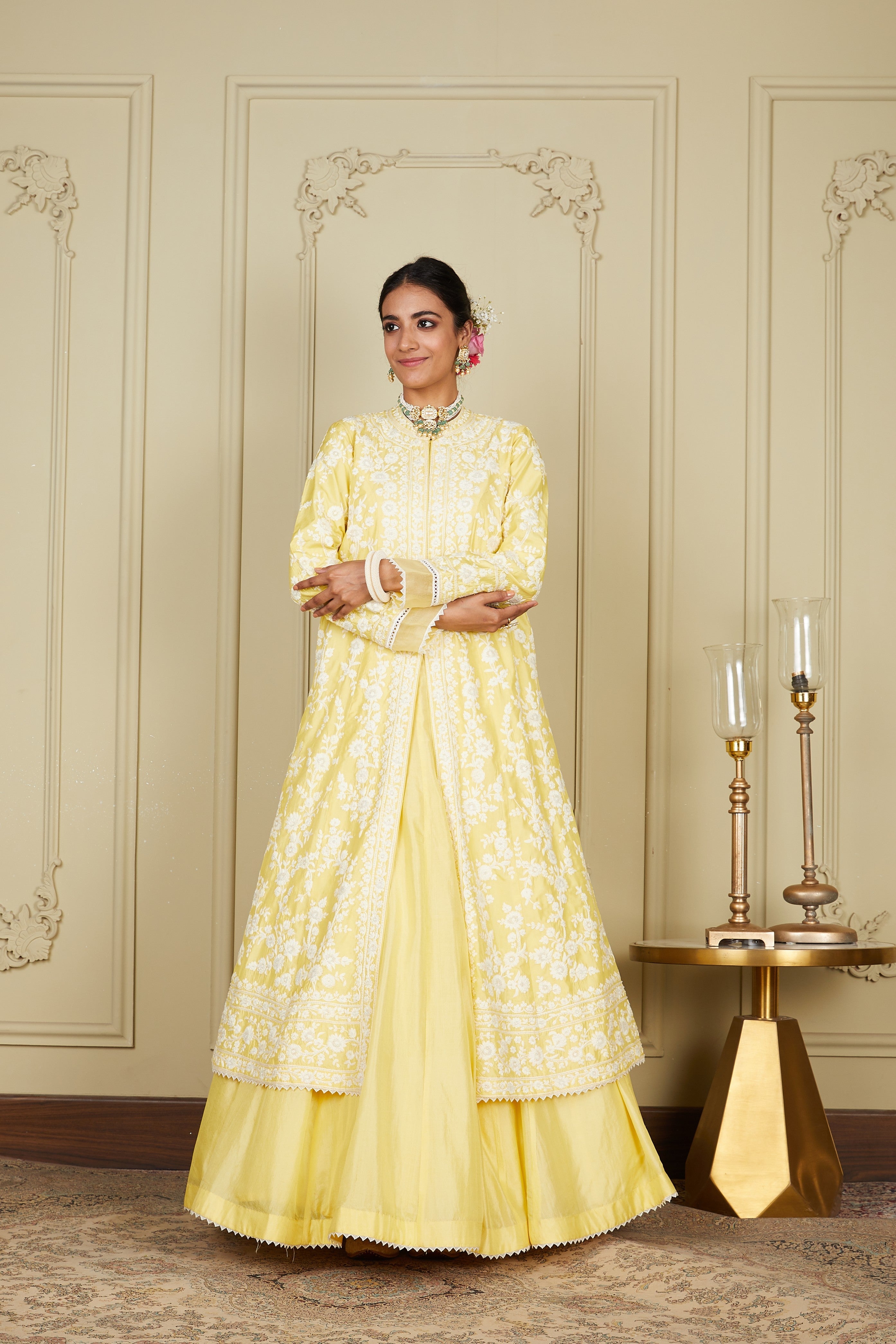 Zahria - Lemon Yellow Jacket, Lehenga With Blouse And Dupatta