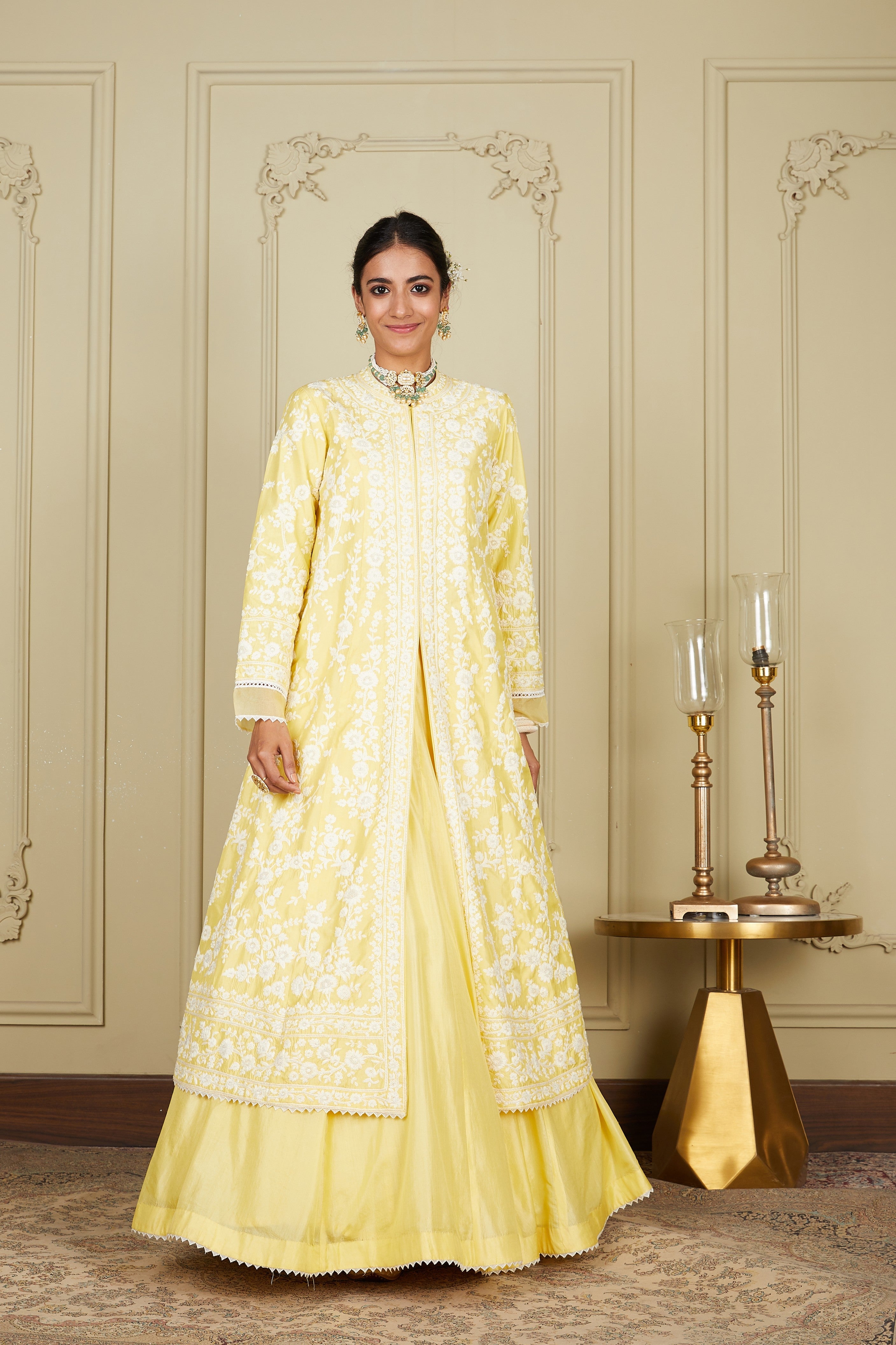 Zahria - Lemon Yellow Jacket, Lehenga With Blouse And Dupatta