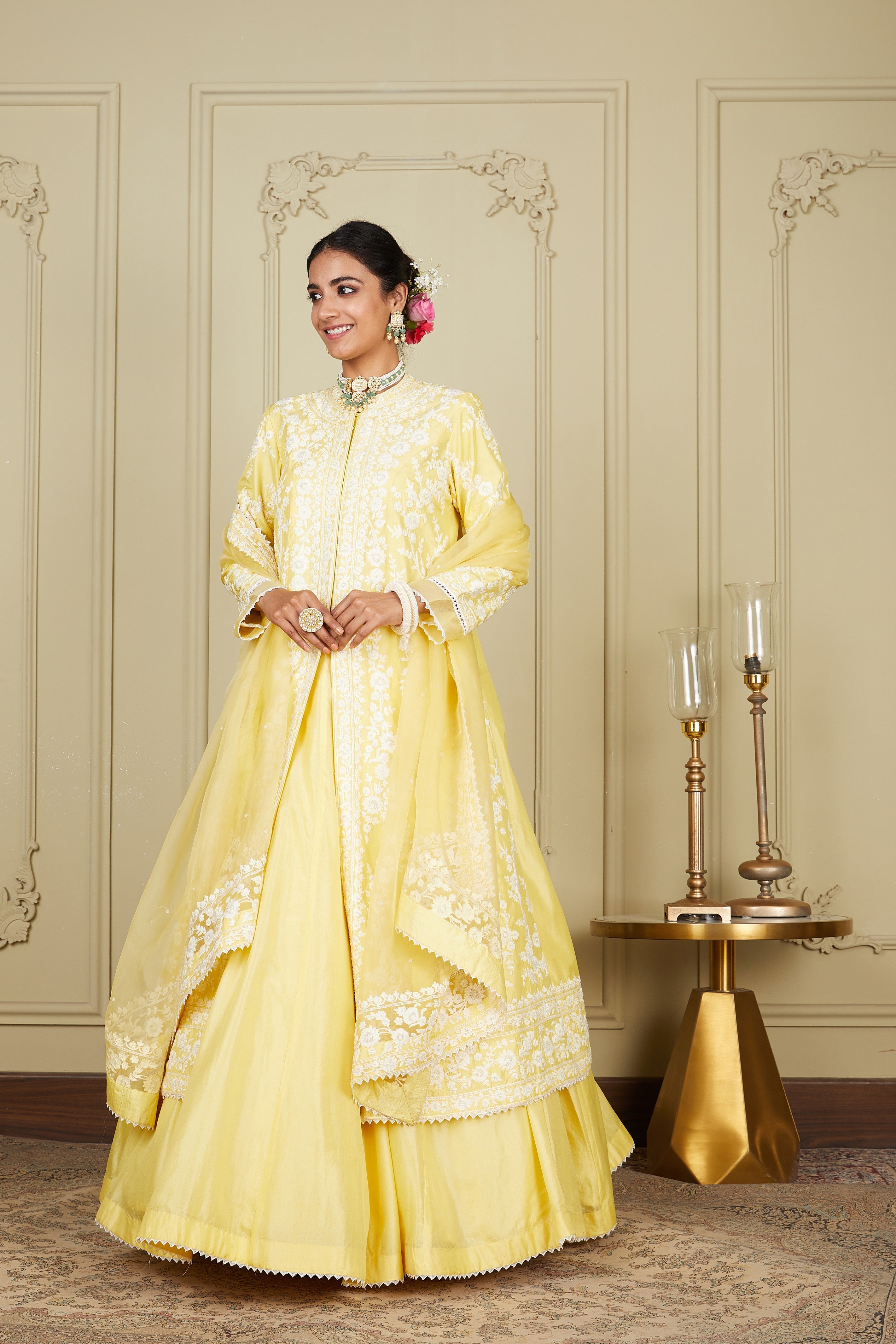 Zahria - Lemon Yellow Jacket, Lehenga With Blouse And Dupatta