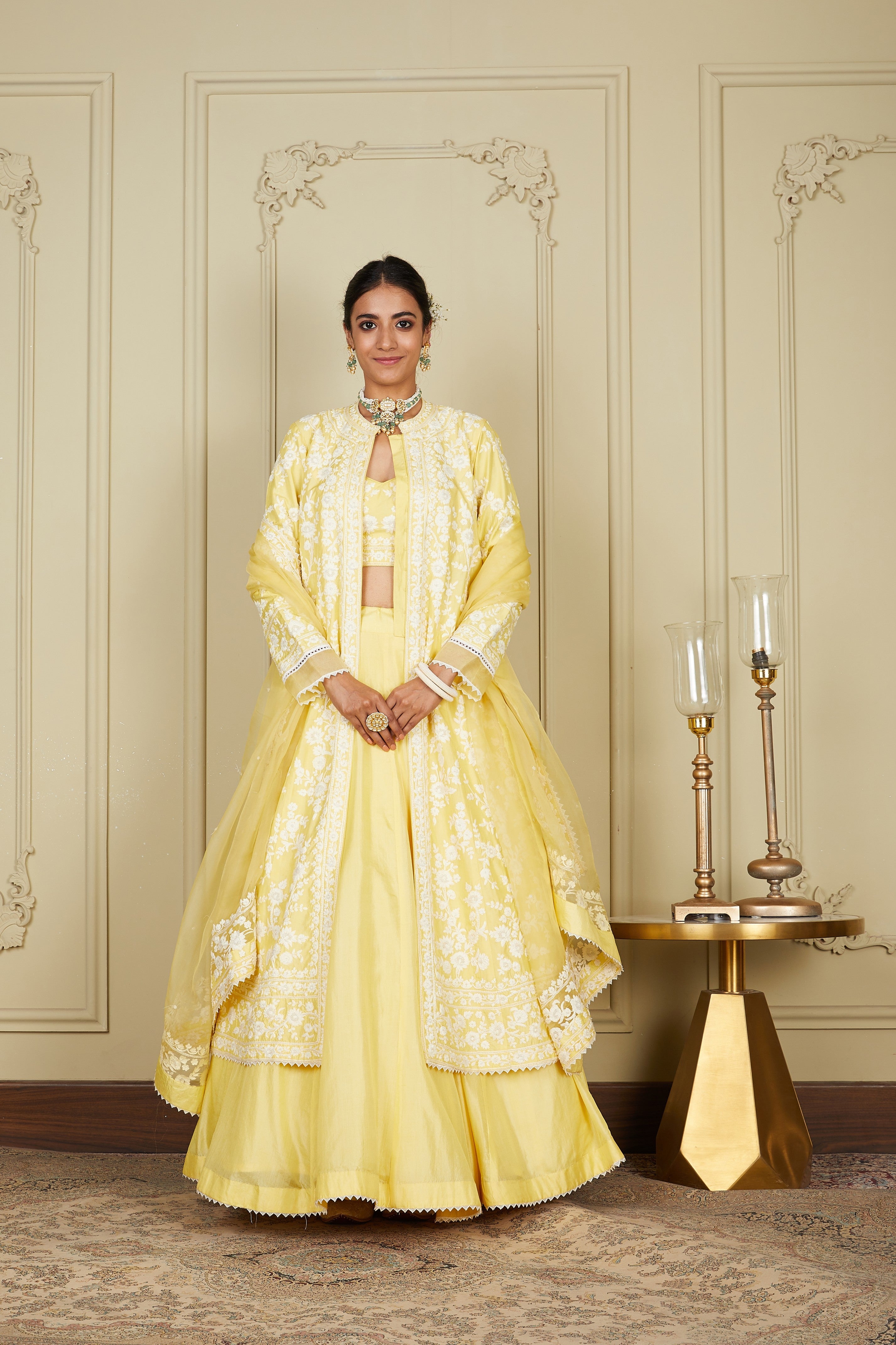 Zahria - Lemon Yellow Jacket, Lehenga With Blouse And Dupatta