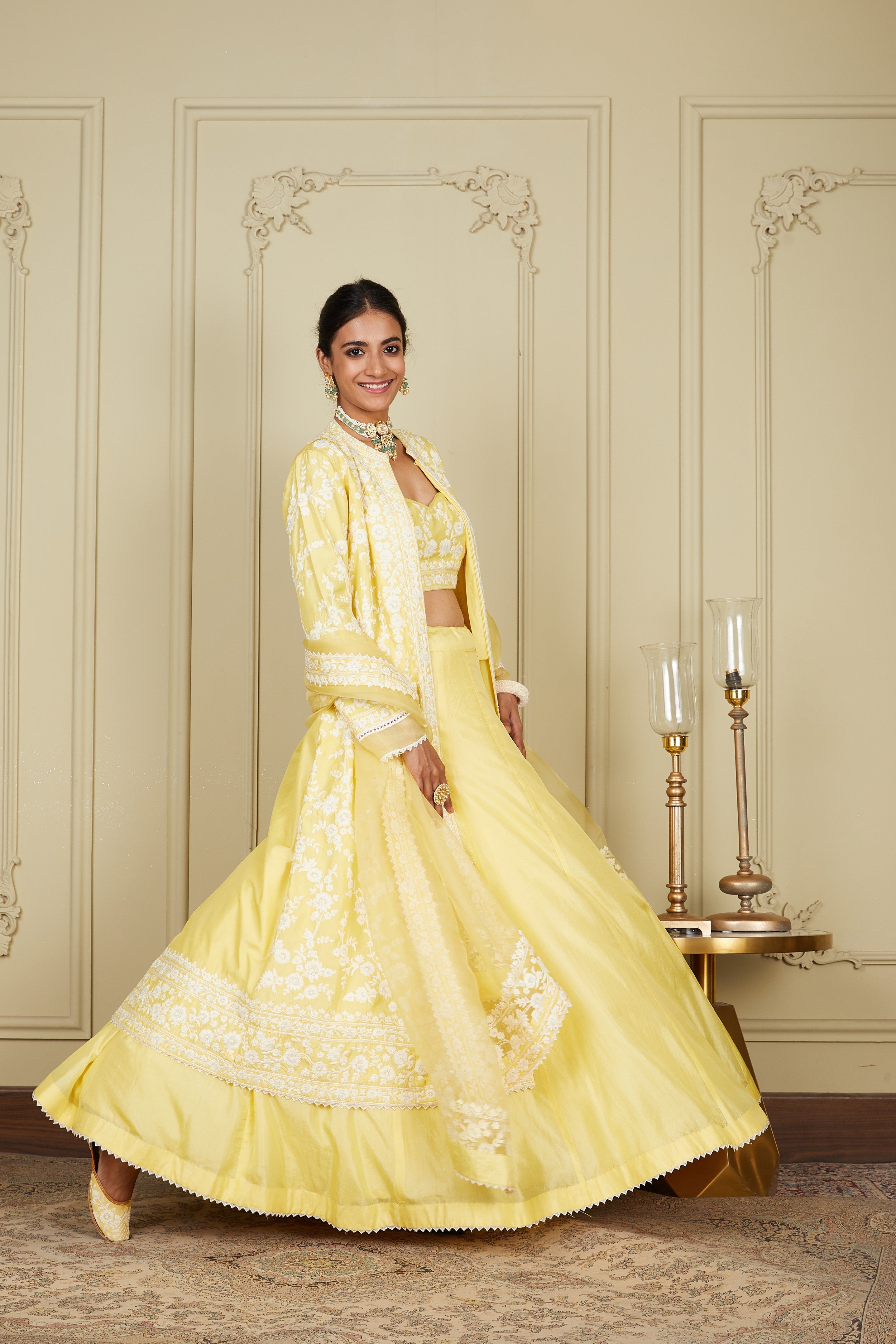 Zahria - Lemon Yellow Jacket, Lehenga With Blouse And Dupatta