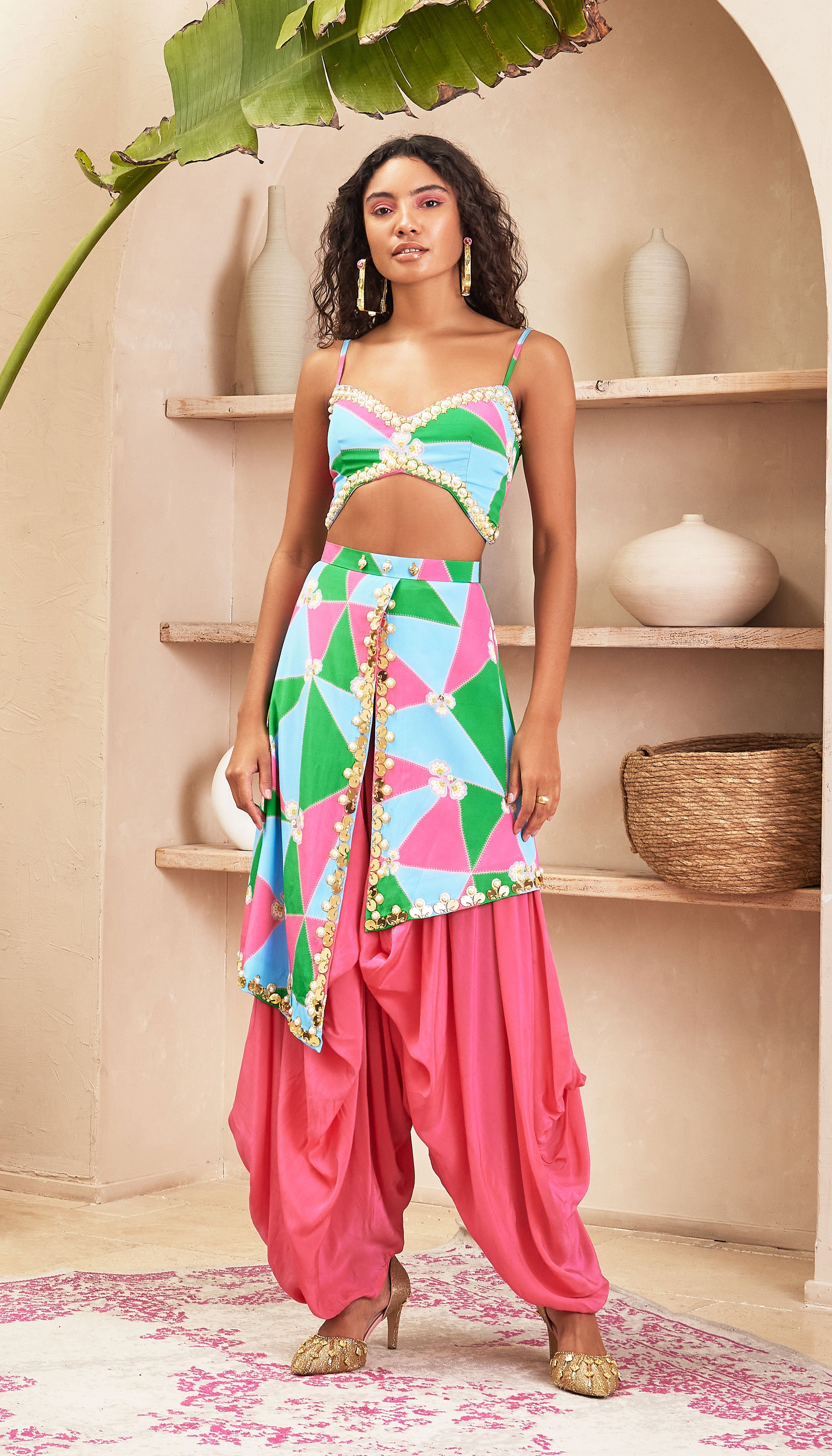 Phoebe Pink Dhoti Pants With Multi Colour Top