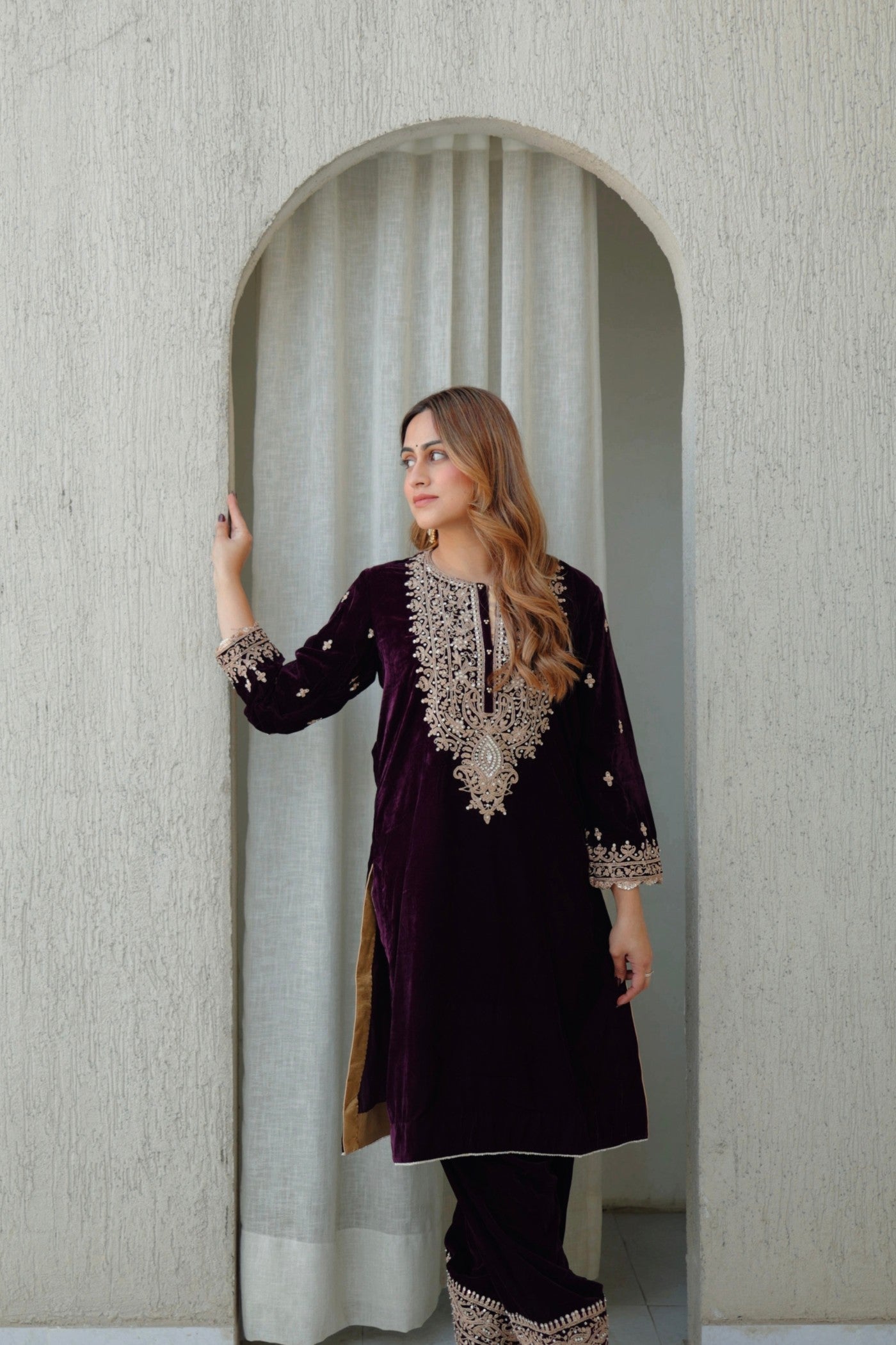 Naima - Silk Velvet Short Kurta With Salwar