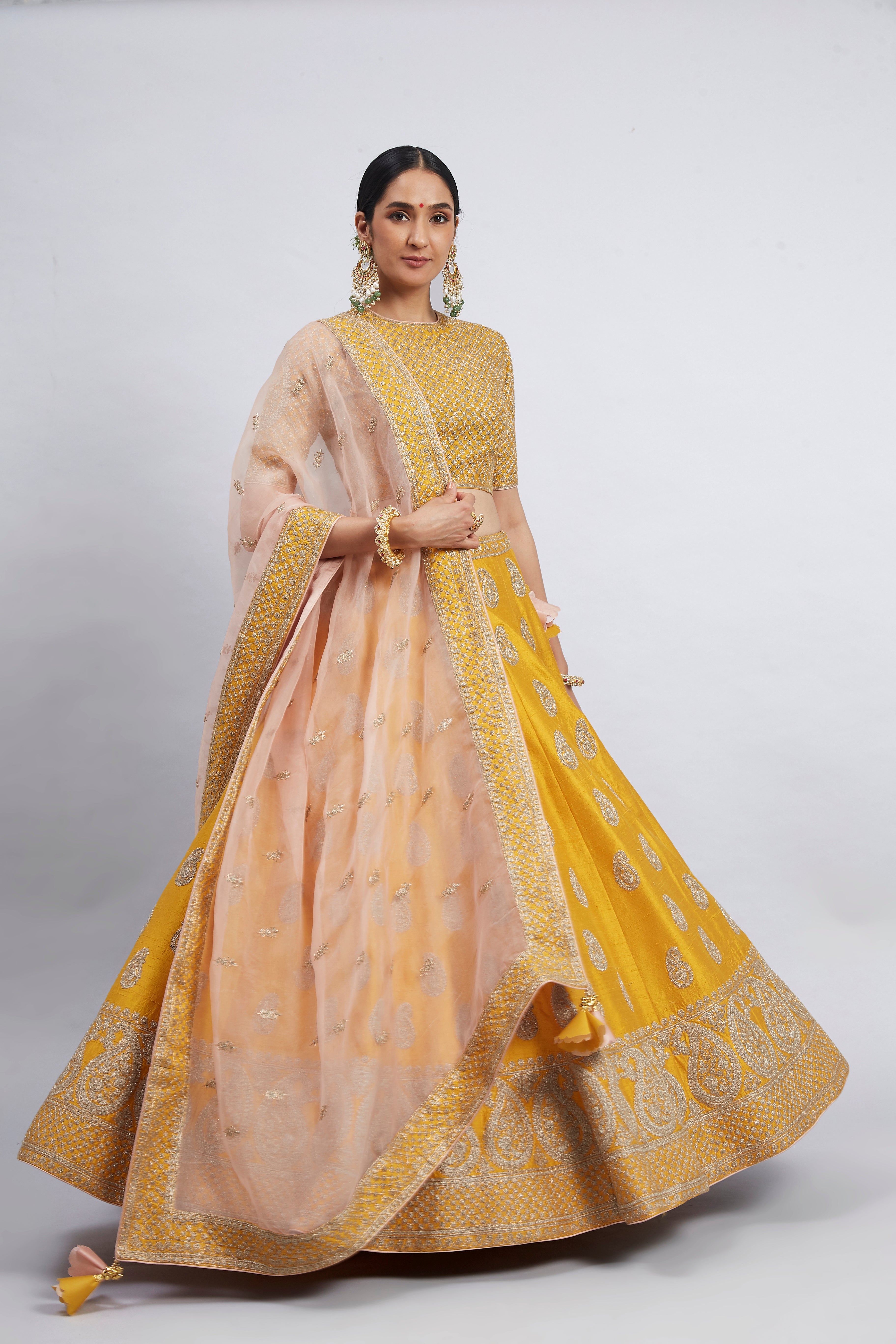 Varisha-Happy Mustard Raw Silk Lehenga Set