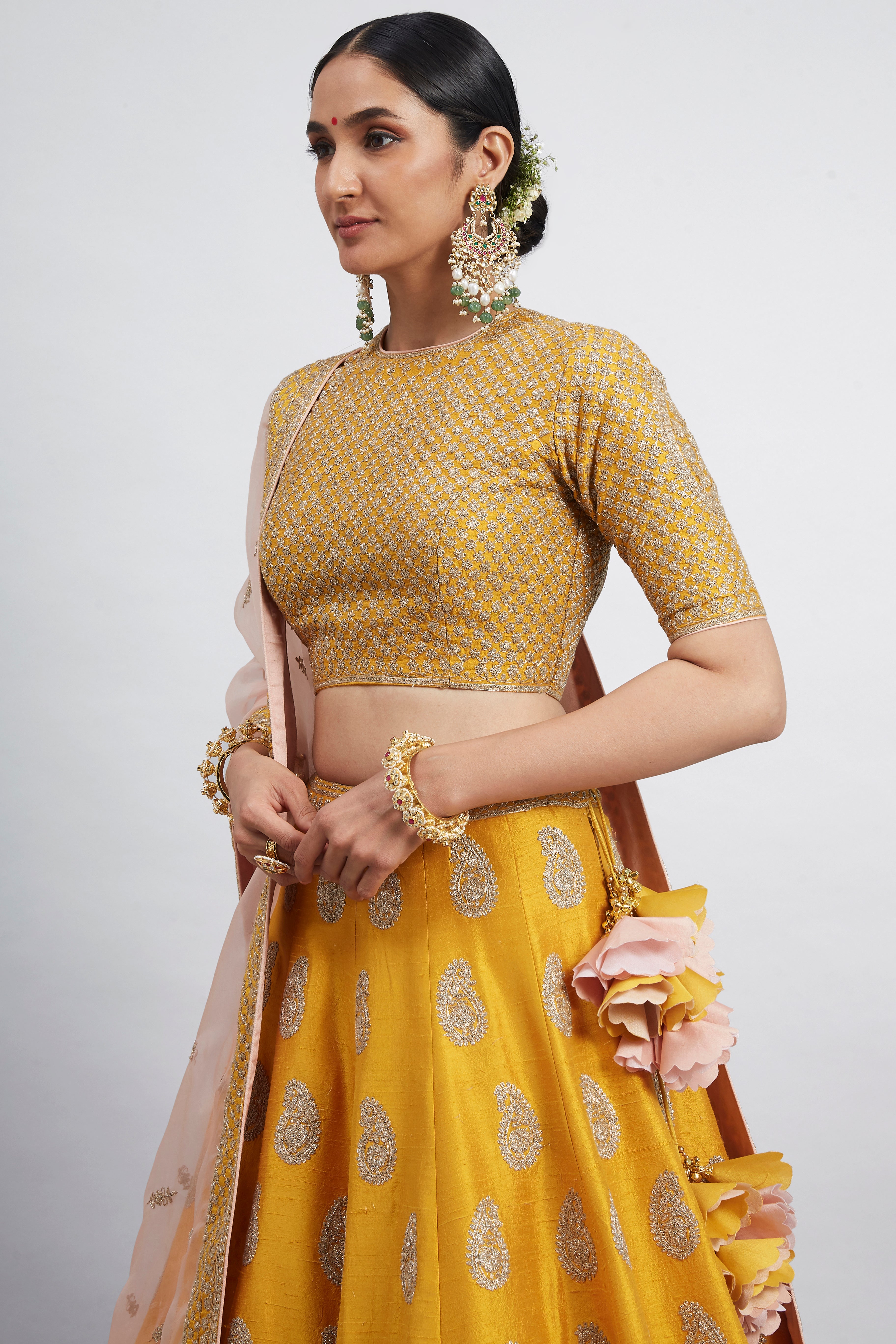 Varisha-Happy Mustard Raw Silk Lehenga Set