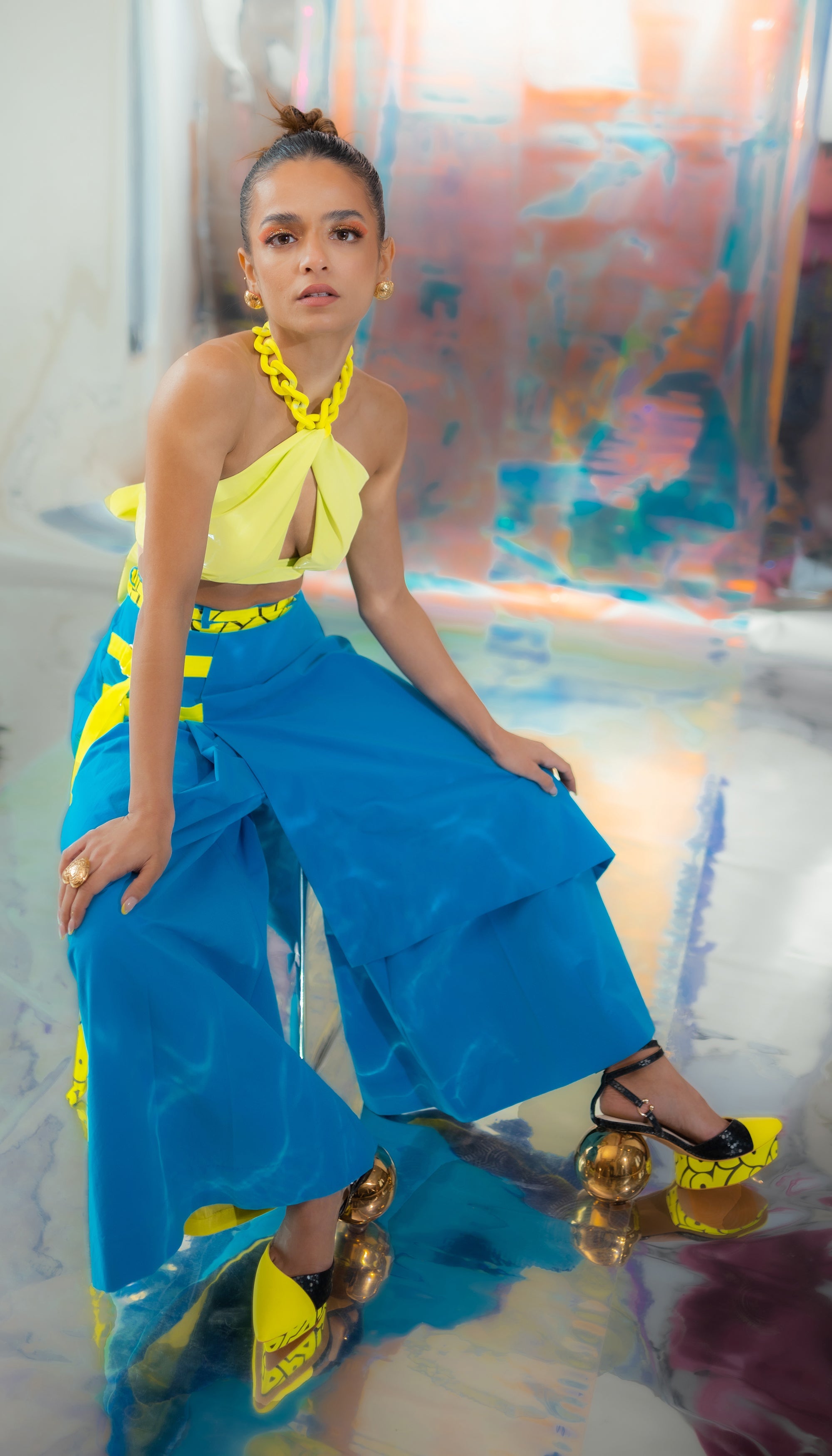 Neon Chain Bralette With Cerulean Blue Japanese Pants