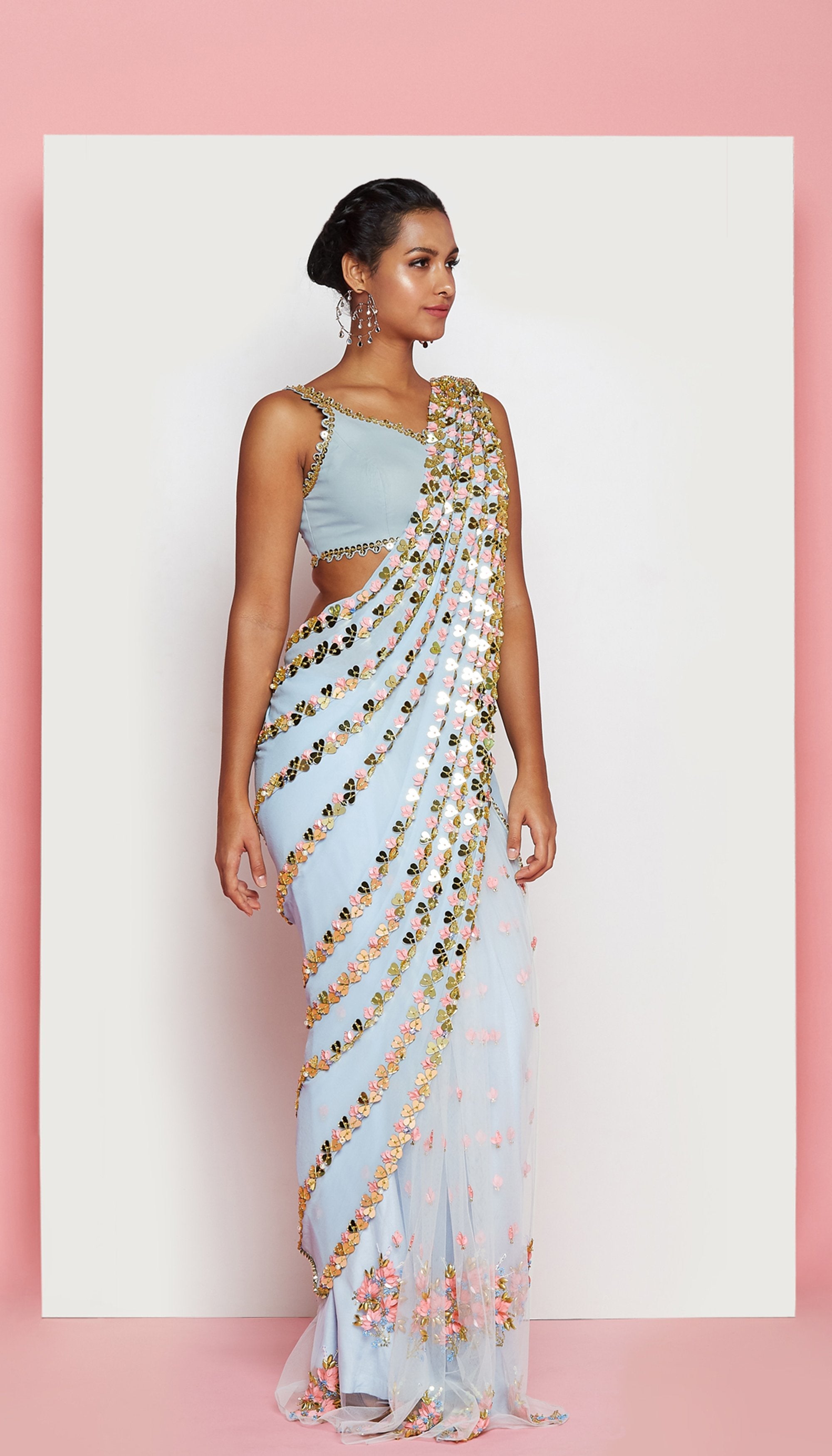 Richa Moorjani - Powder Blue Embroidered Pre-Stitched Saree Set
