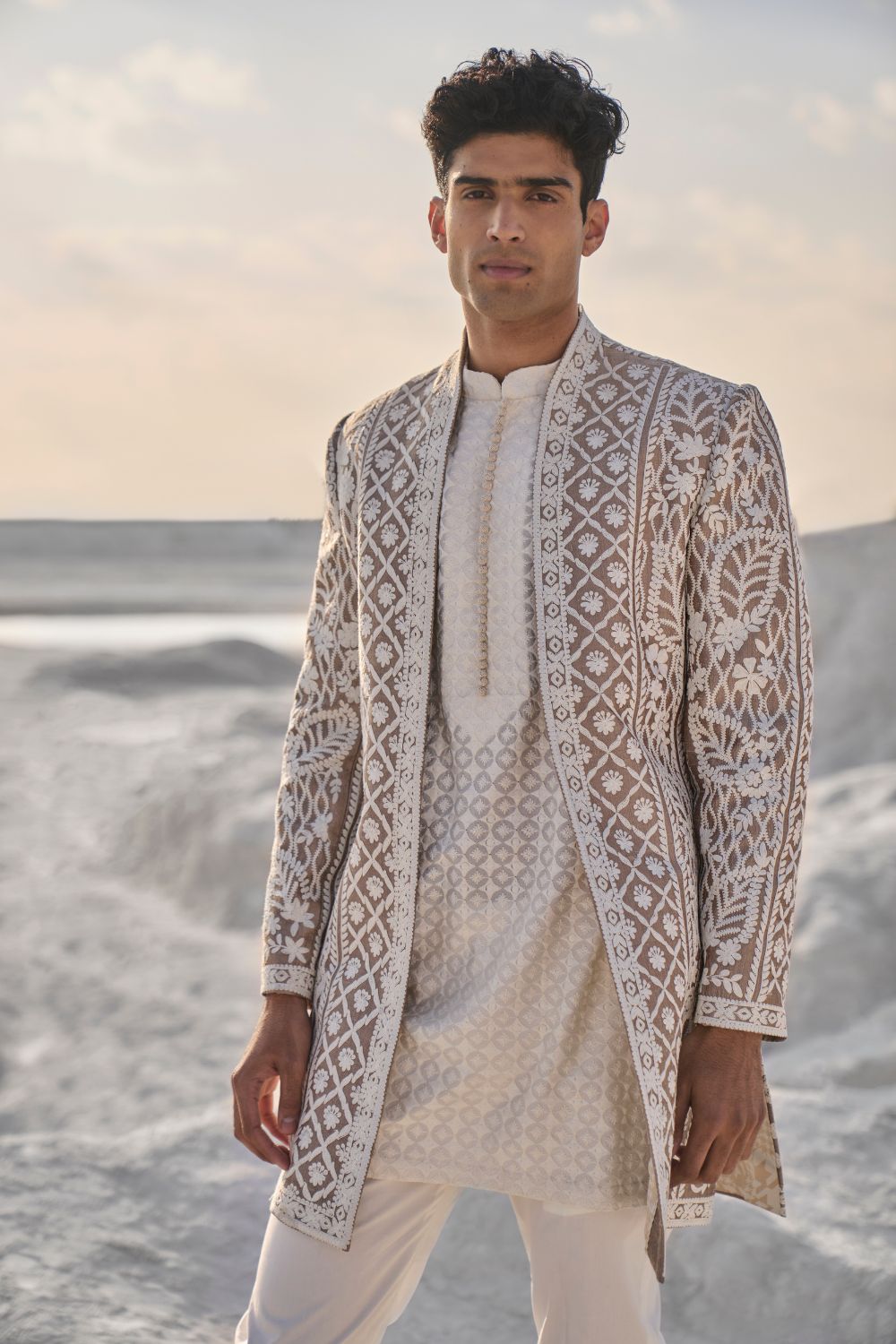 Ishaan Khatter In Nude Cream Open Sherwani Set