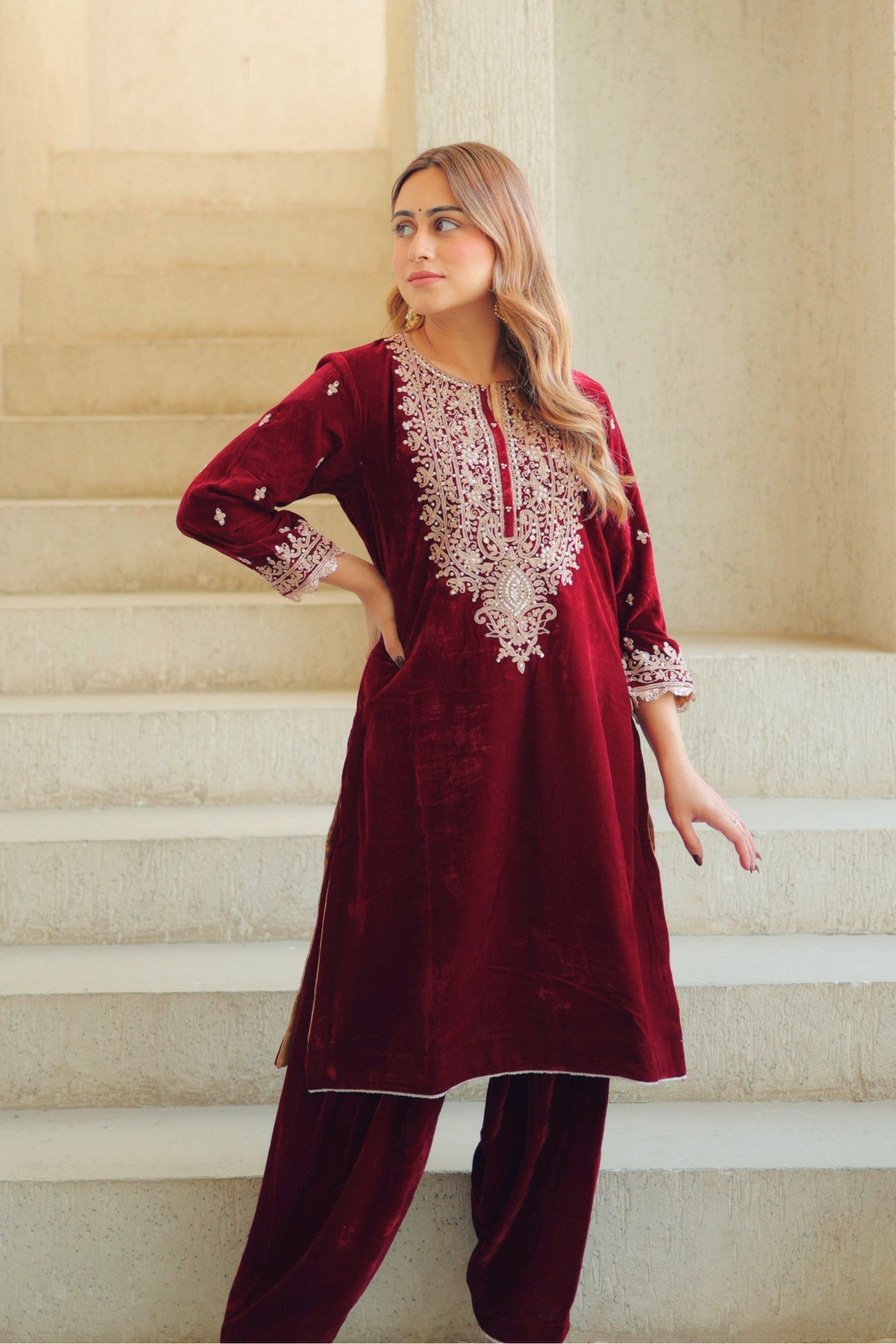 Naima - Silk Velvet Short Kurta With Salwar