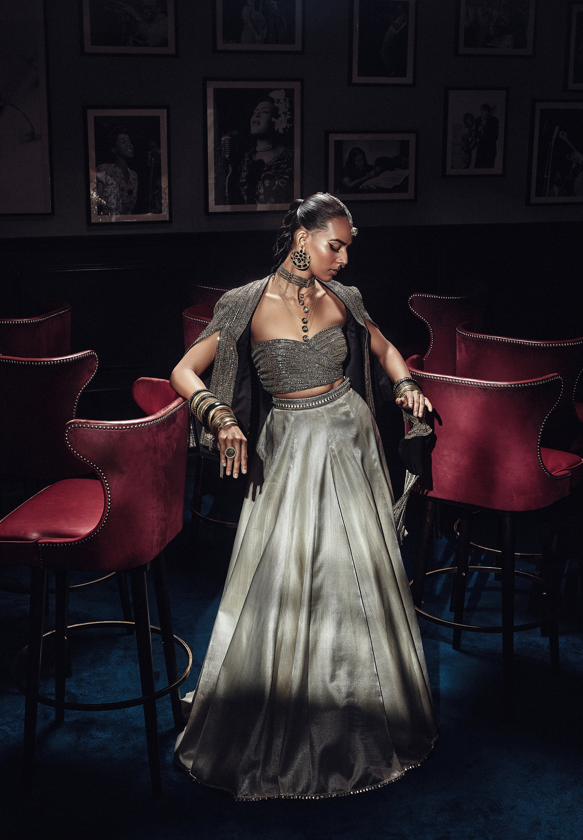 Sitara Studded Bustier With Cape Jacket And Metallic Lehenga