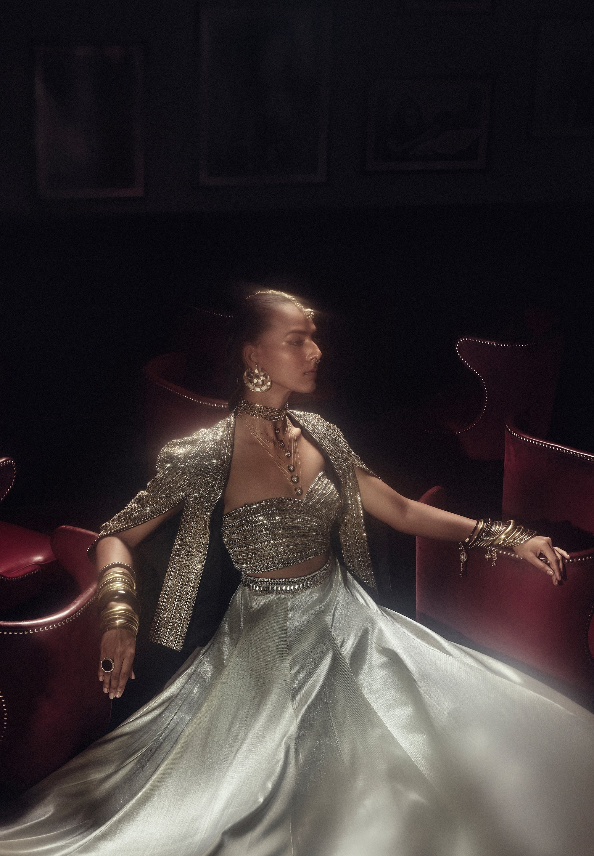 Sitara Studded Bustier With Cape Jacket And Metallic Lehenga