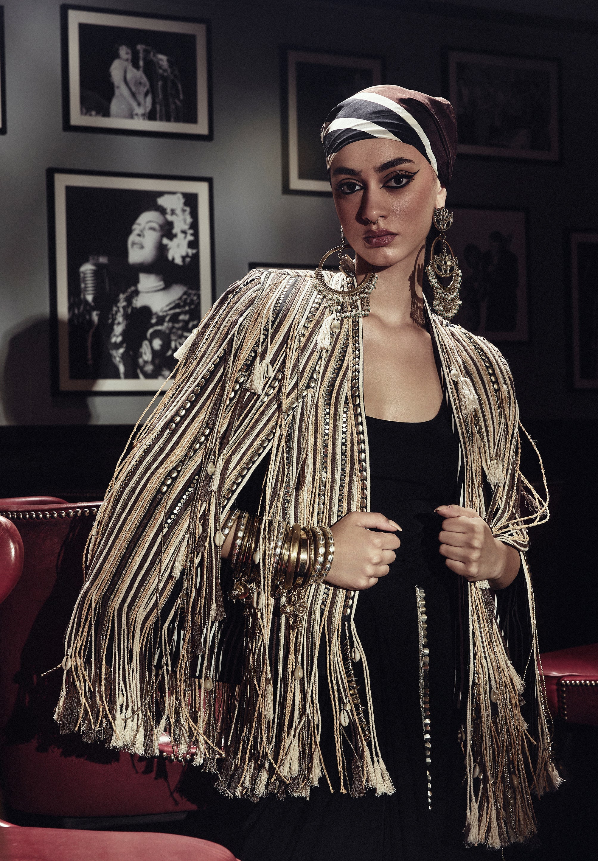 Zoya Fringes Cape Jacket With Bodysuit And Drape Skirt