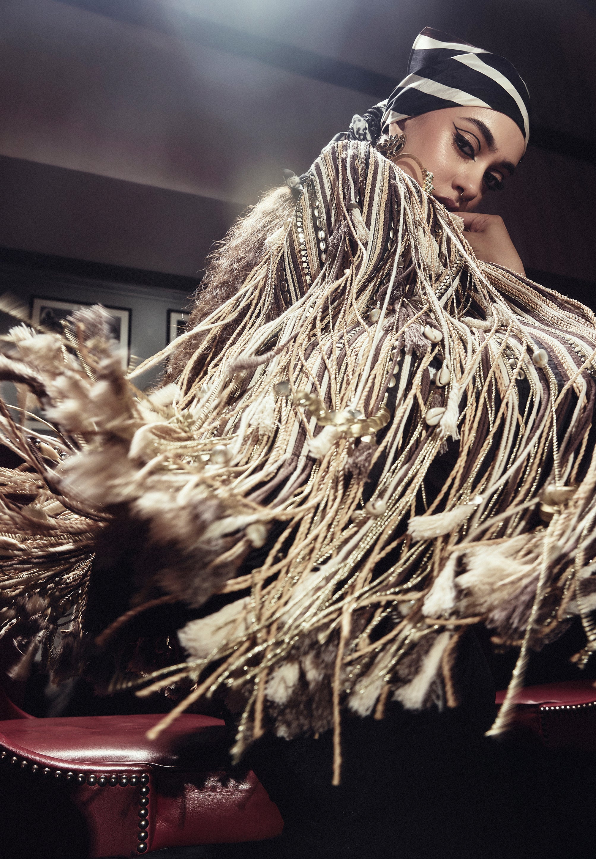 Zoya Fringes Cape Jacket With Bodysuit And Drape Skirt