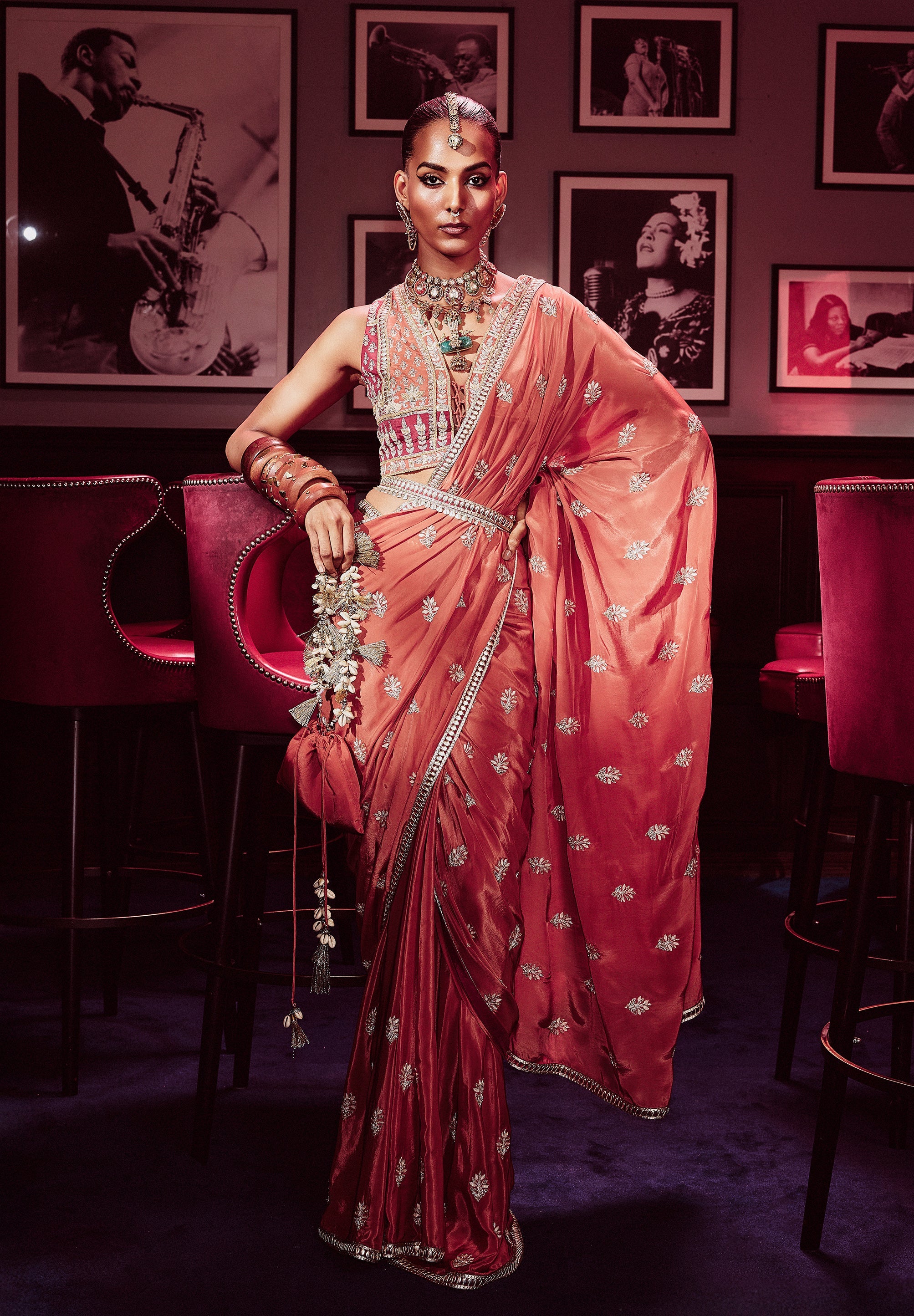 Ruhi Rust Embellished Saree With Patchwork Blouse