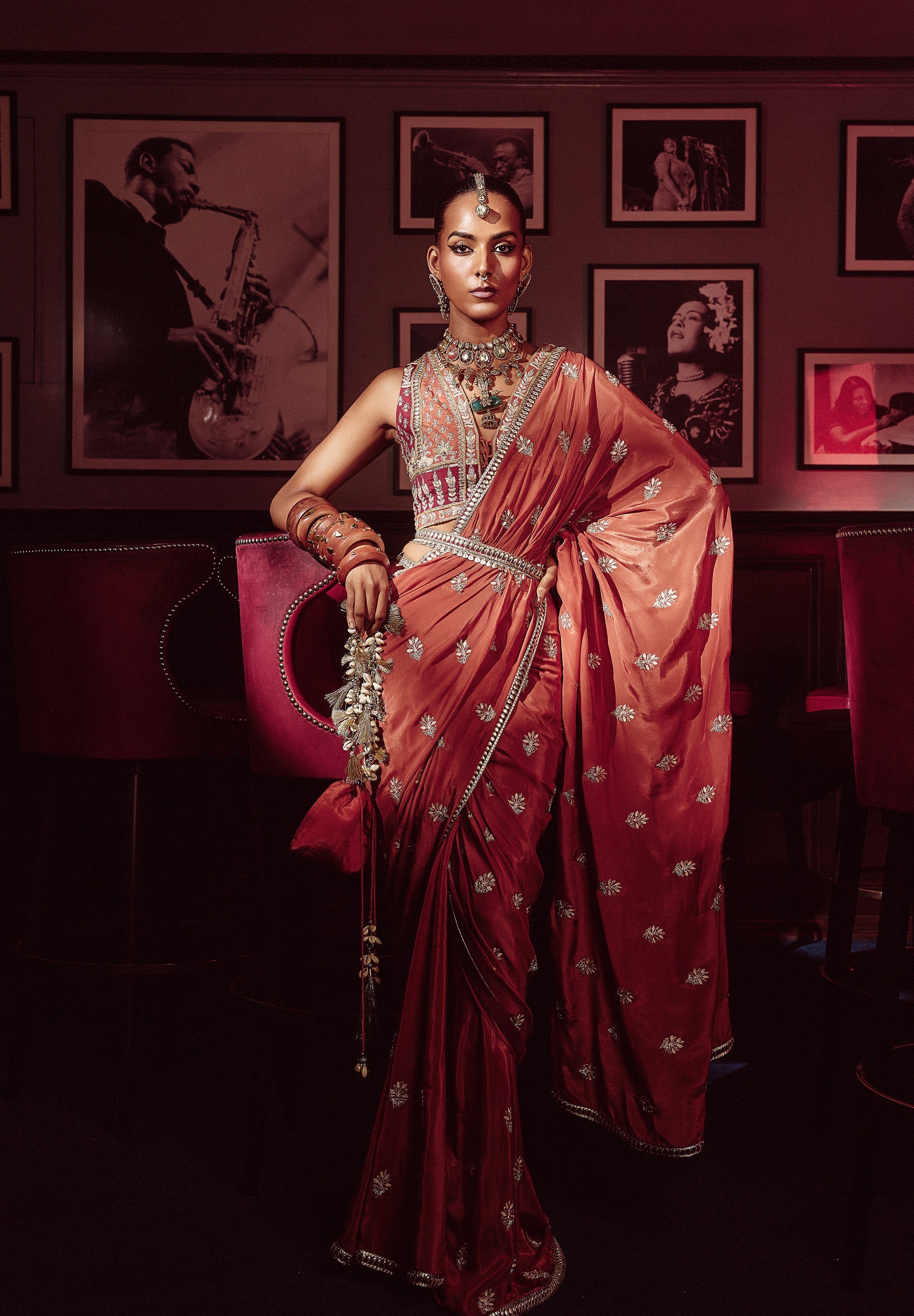 Ruhi Rust Embellished Saree With Patchwork Blouse