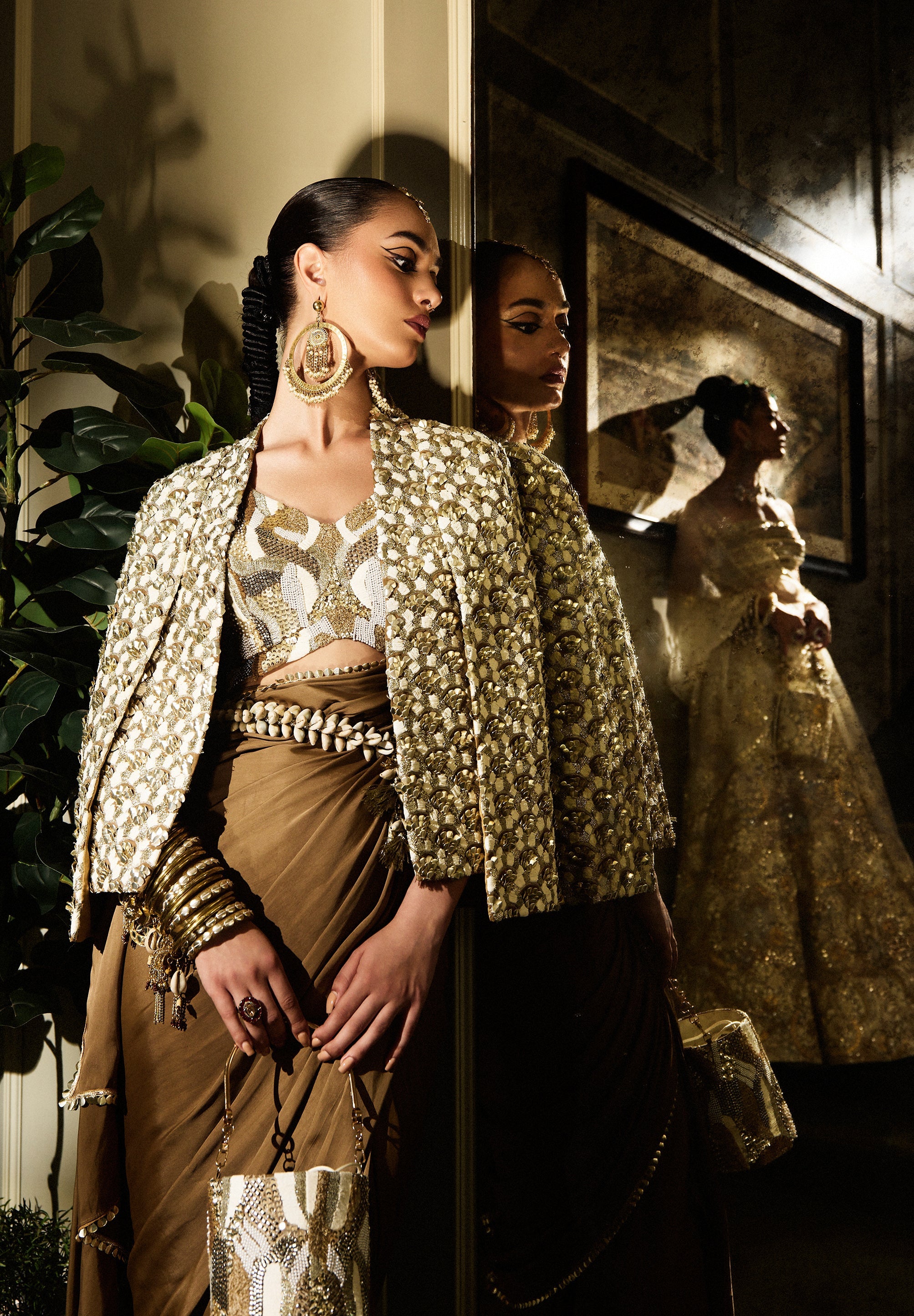 Nira Bronzed Gold Saree Set With Blouse And Embellished Cape Jacket