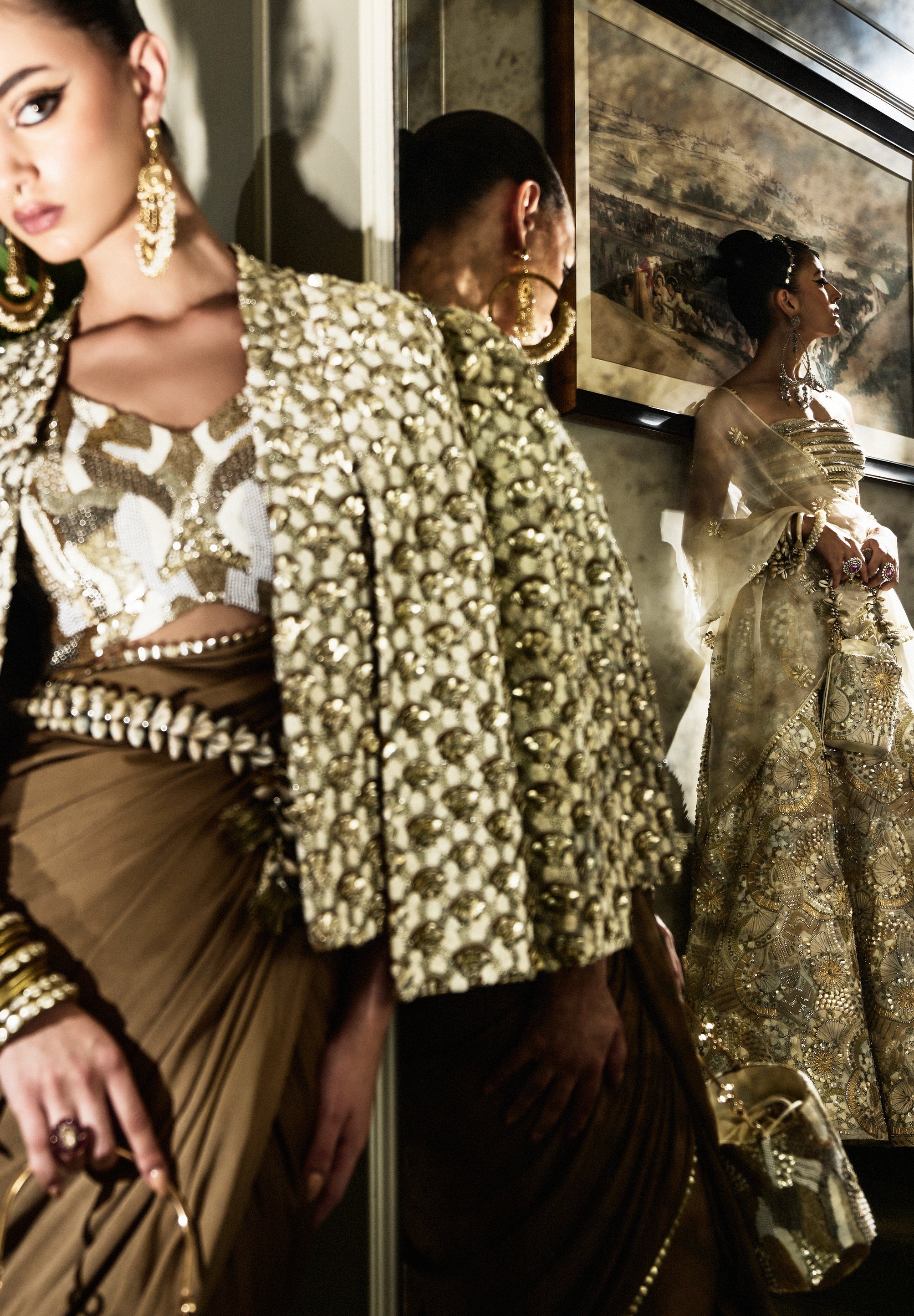 Nira Bronzed Gold Saree Set With Blouse And Embellished Cape Jacket