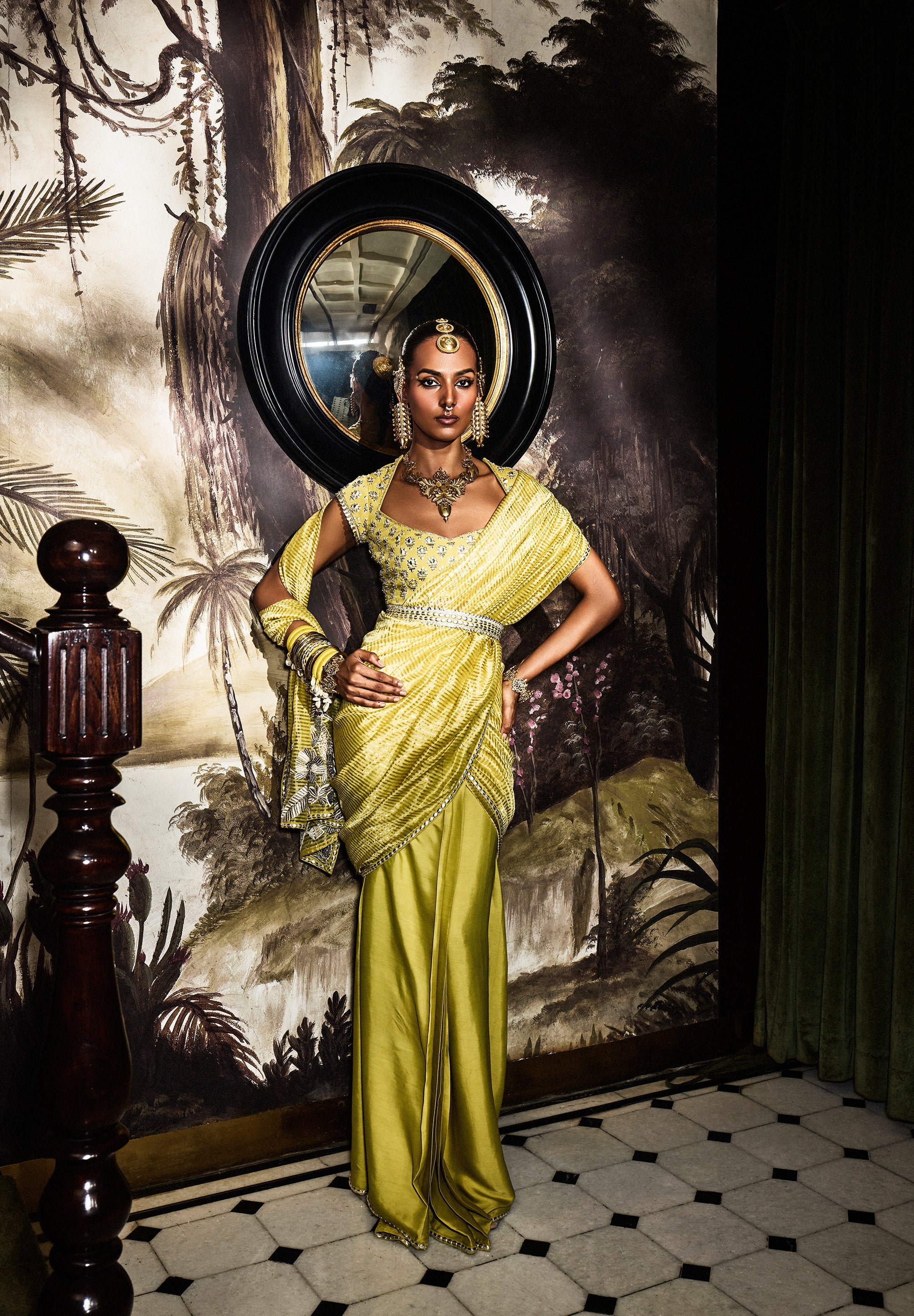 Urja Lime Green Draped Saree Set With Embellished Blouse