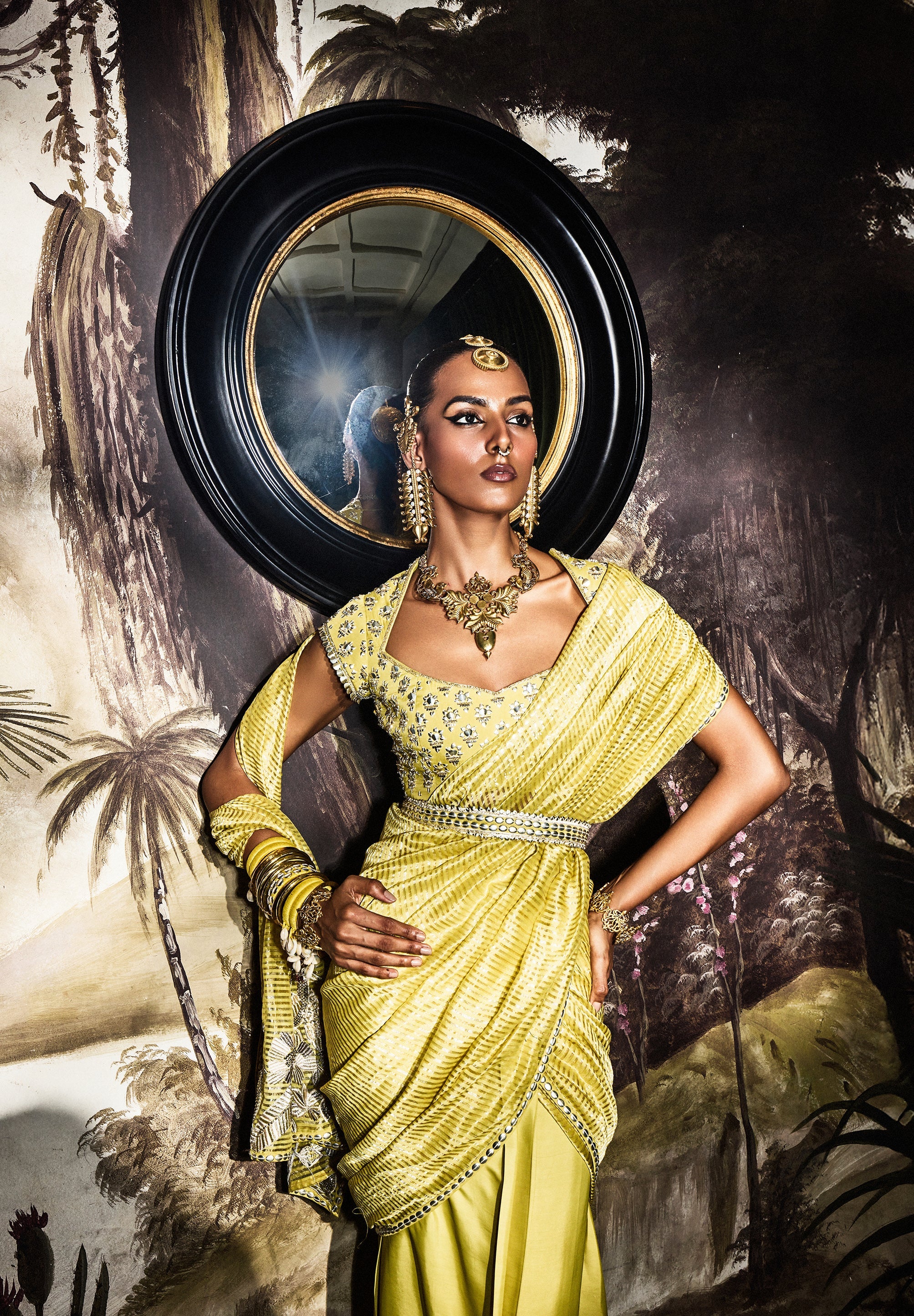 Urja Lime Green Draped Saree Set With Embellished Blouse