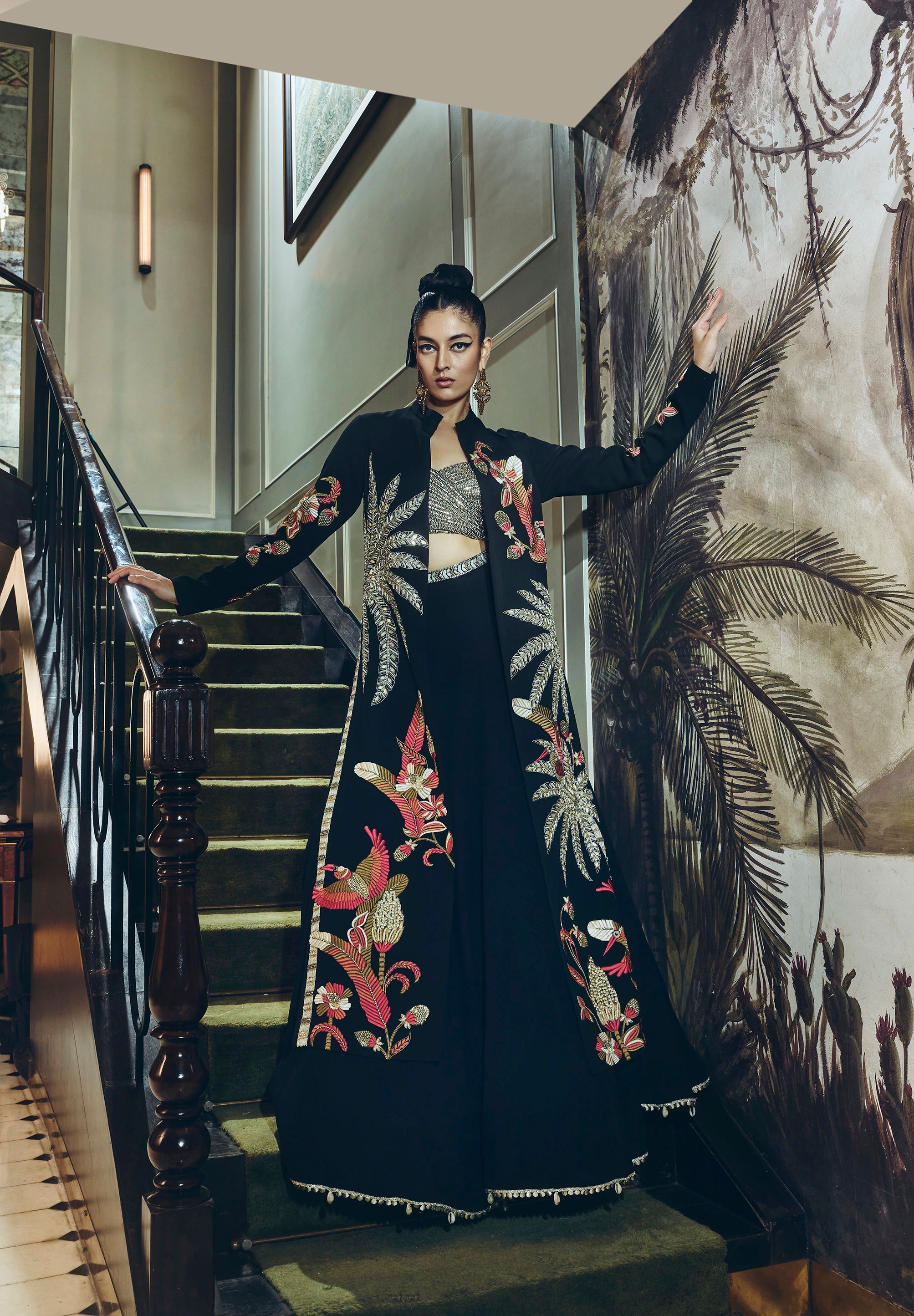 Raya Tropical Long Jacket With Studded Bustier And Lehenga