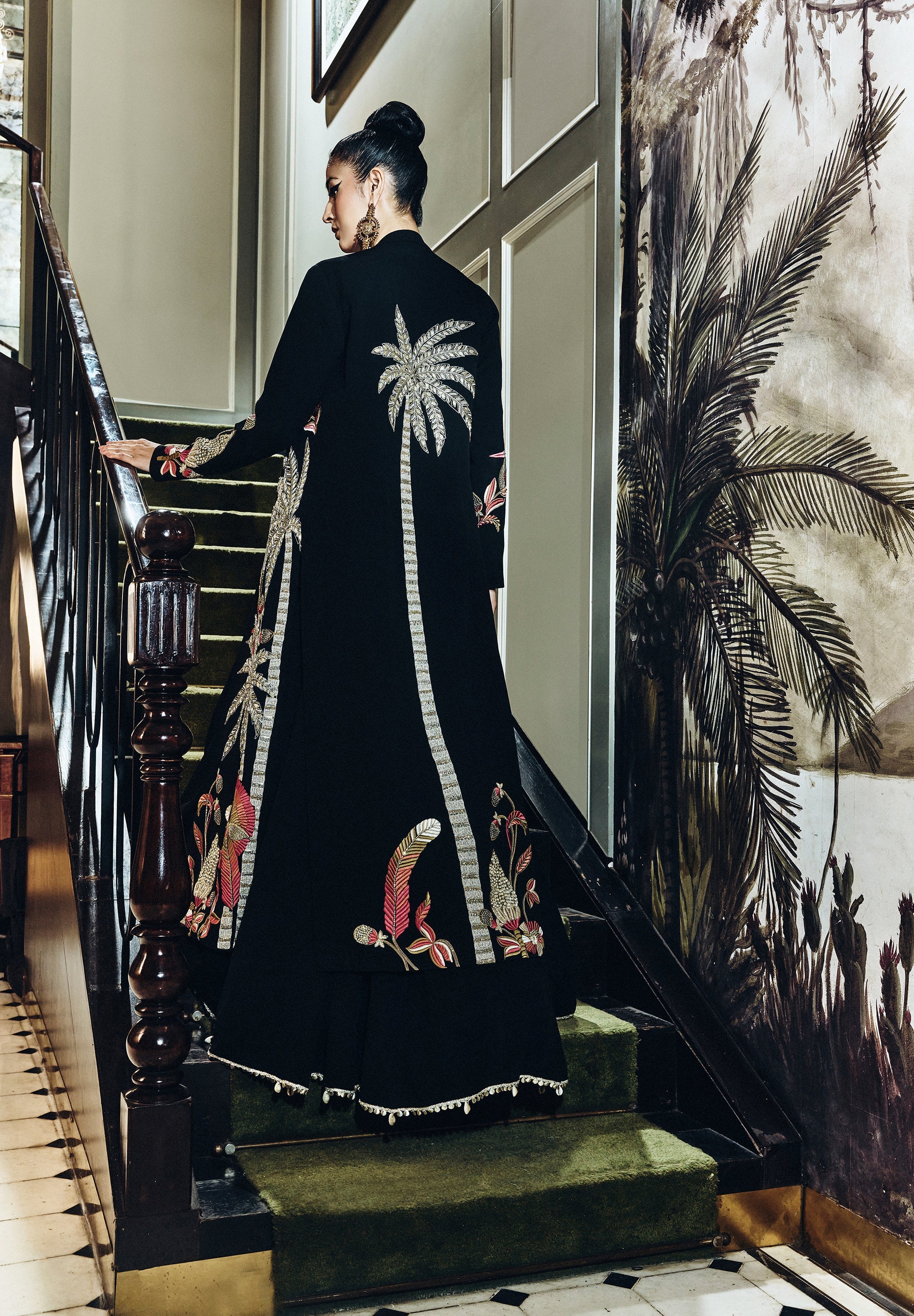 Raya Tropical Long Jacket With Studded Bustier And Lehenga