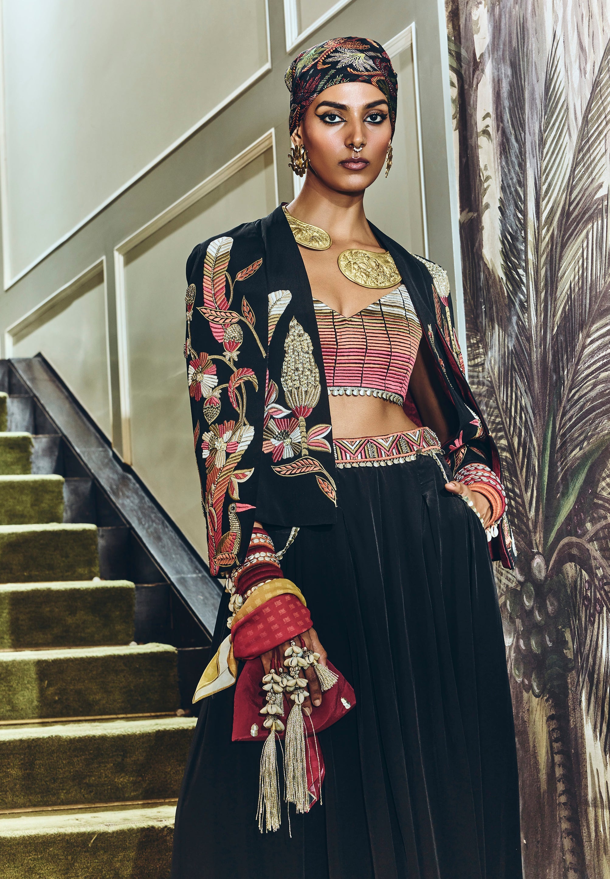 Meher Tropical Cape Jacket With Ombre Bustier And Pleated Pants