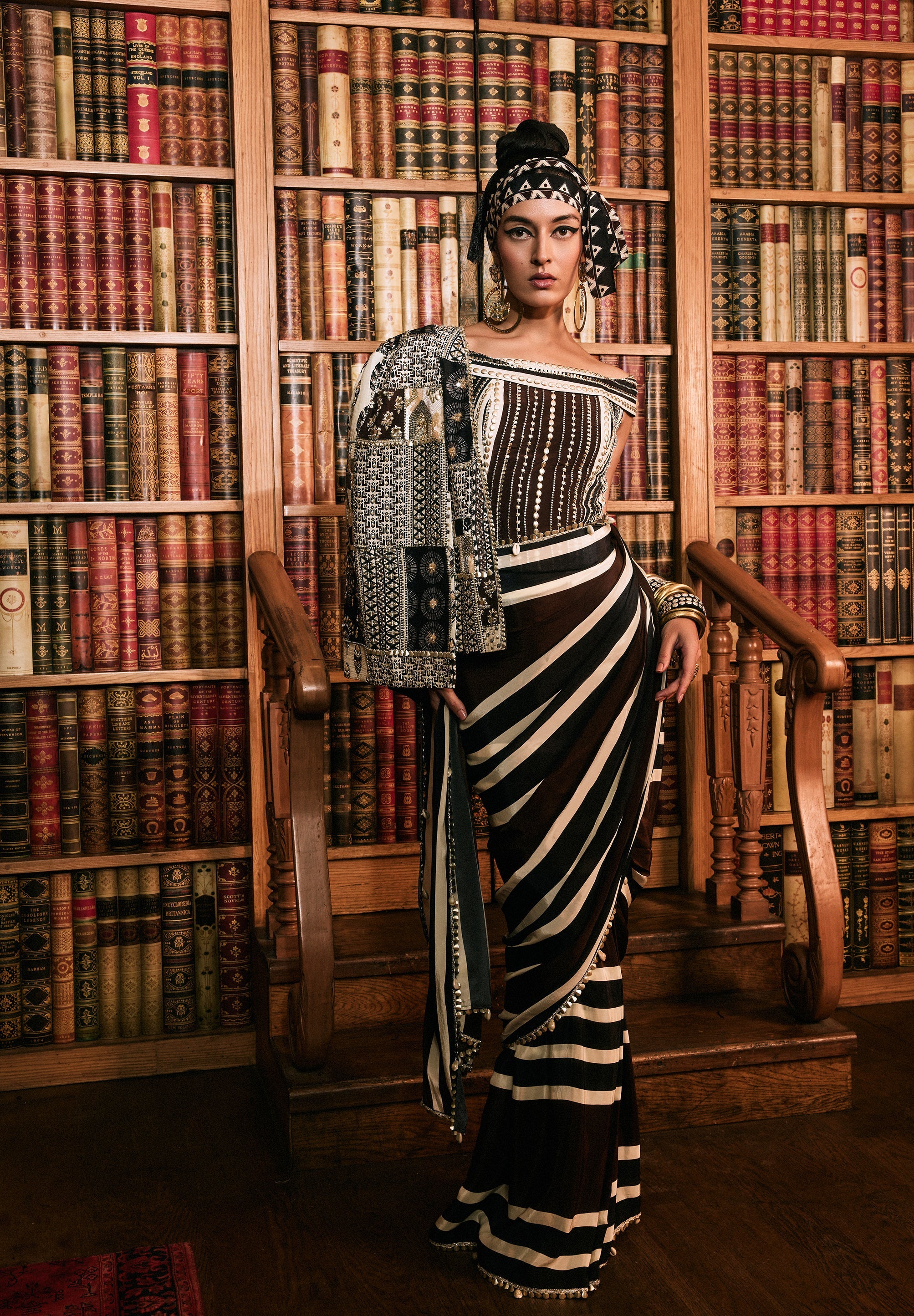 Zarika Stripe Saree Set With Studded Corset And Cape Jacket