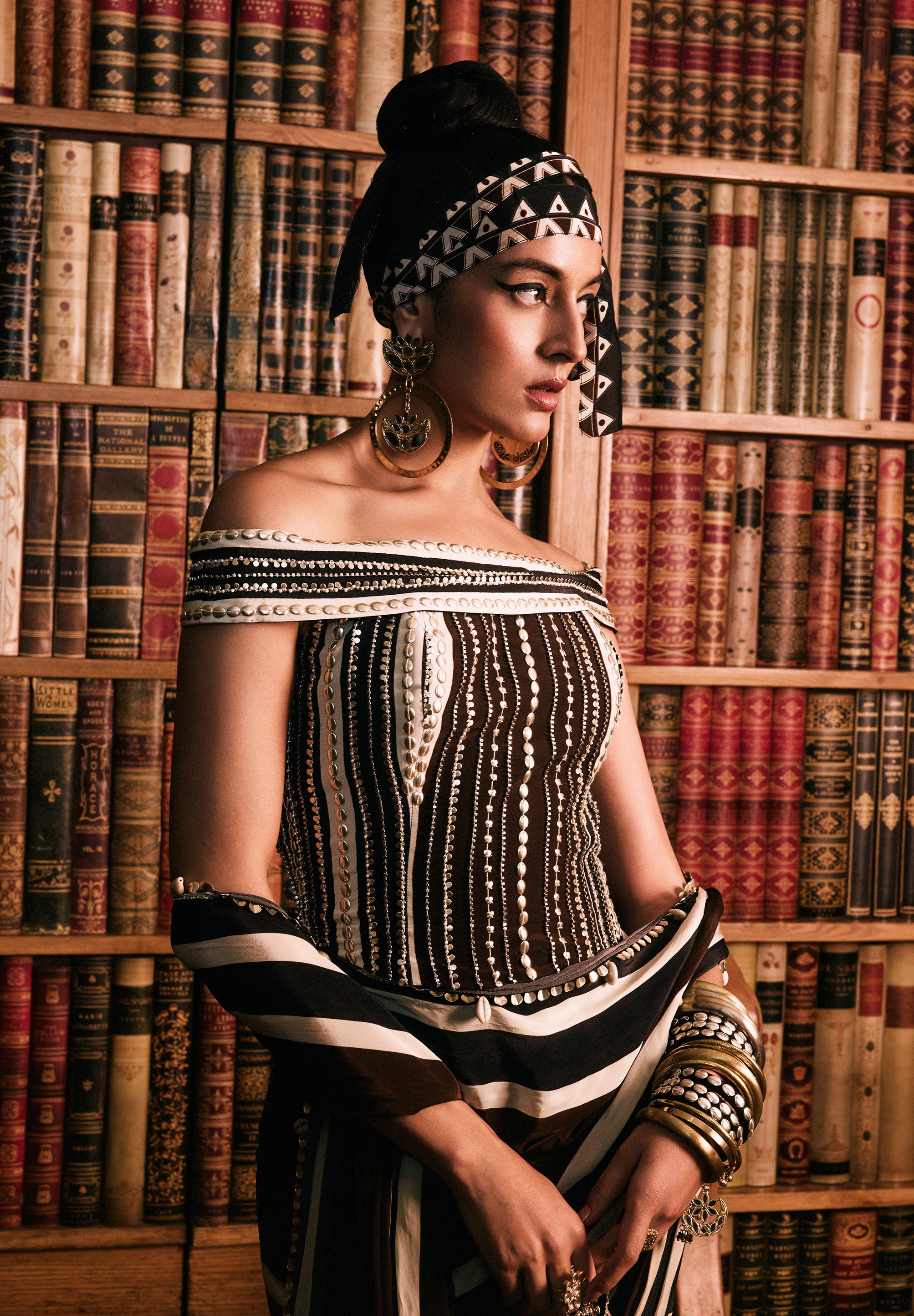 Zarika Stripe Saree Set With Studded Corset And Cape Jacket