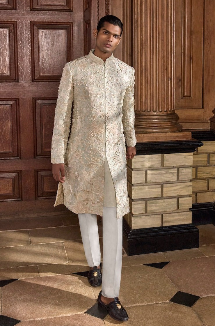 Sea Green Three Dimensional Floral Sherwani Set