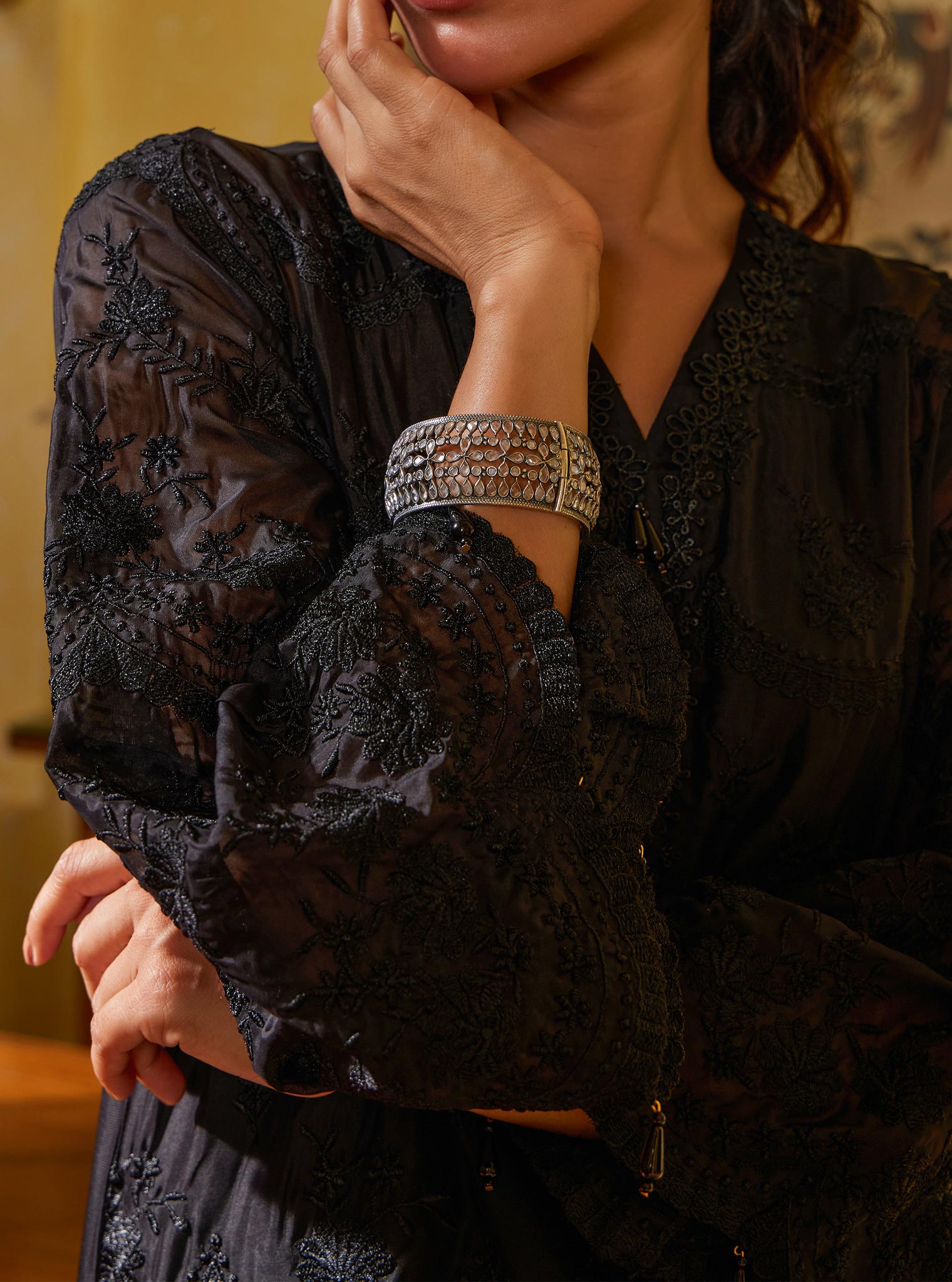 Mulmul Organza Ivati Black Kurta With Mulmul Pima Ivati Black Pant