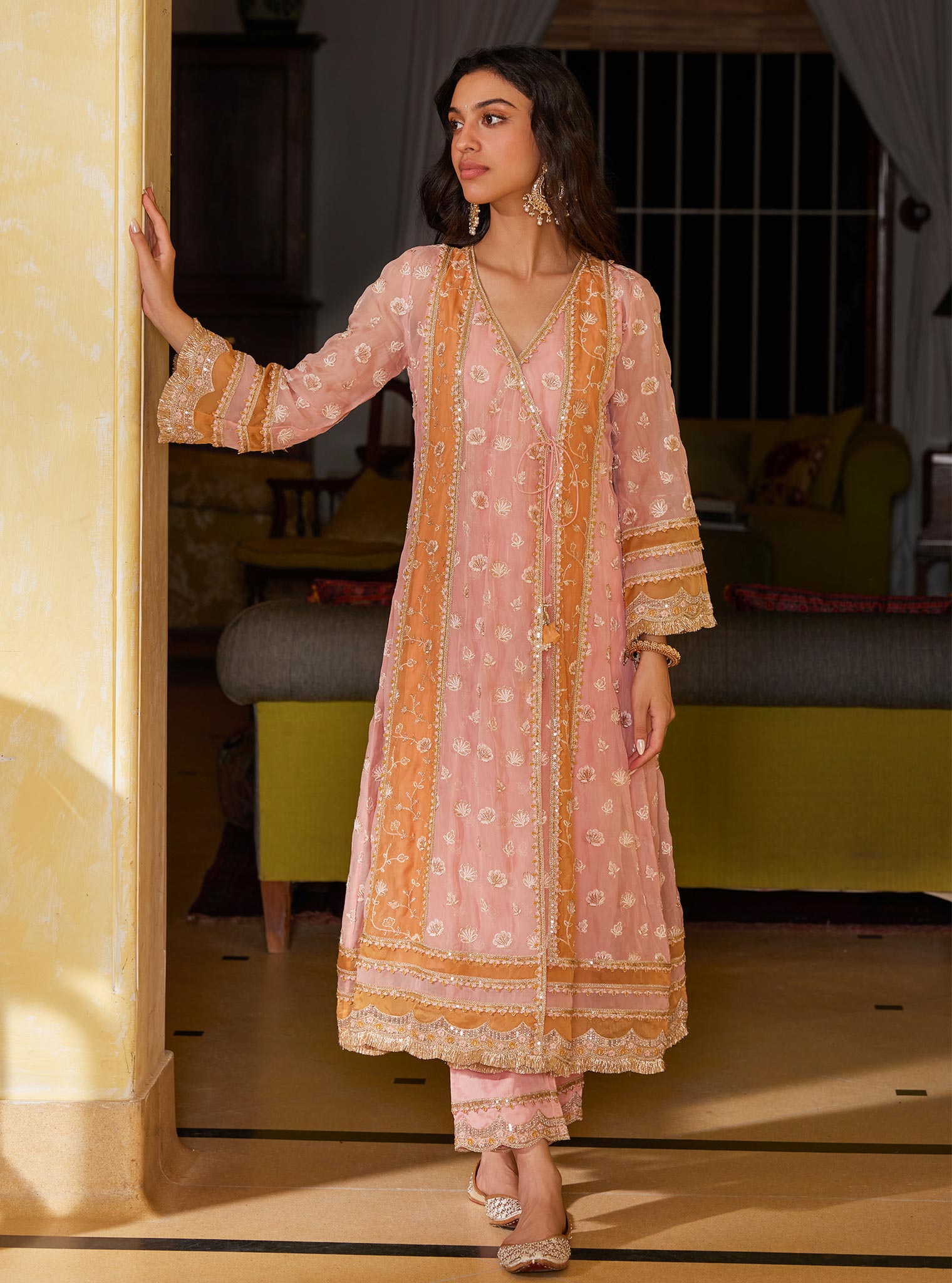 Mulmul Organza Panya Anarkali Pink Kurta With Mulmul Pima Panya Pink Pant